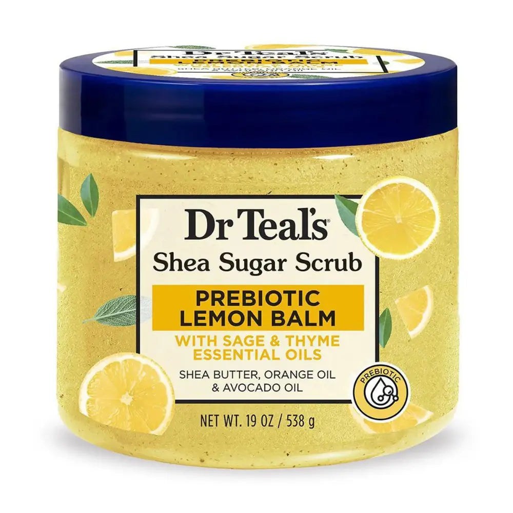 Frasco de exfoliante corporal Dr Teal’s Shea Sugar Scrub Prebiotic Lemon Balm – Exfoliante de azúcar con manteca de karité, aceite de naranja y aguacate, enriquecido con aceites esenciales de salvia y tomillo. Presentación en frasco de 538 g con tapa azul