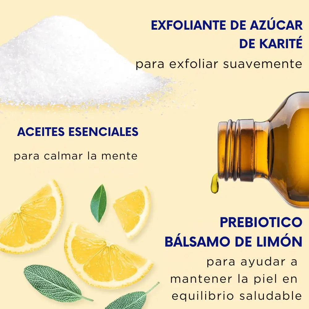 Ingredientes clave del exfoliante Dr Teal’s Prebiotic Lemon Balm – Infografía destacando la manteca de karité, aceites esenciales y bálsamo de limón prebiótico, con ilustraciones de azúcar, gotas de aceite y rodajas de limón.