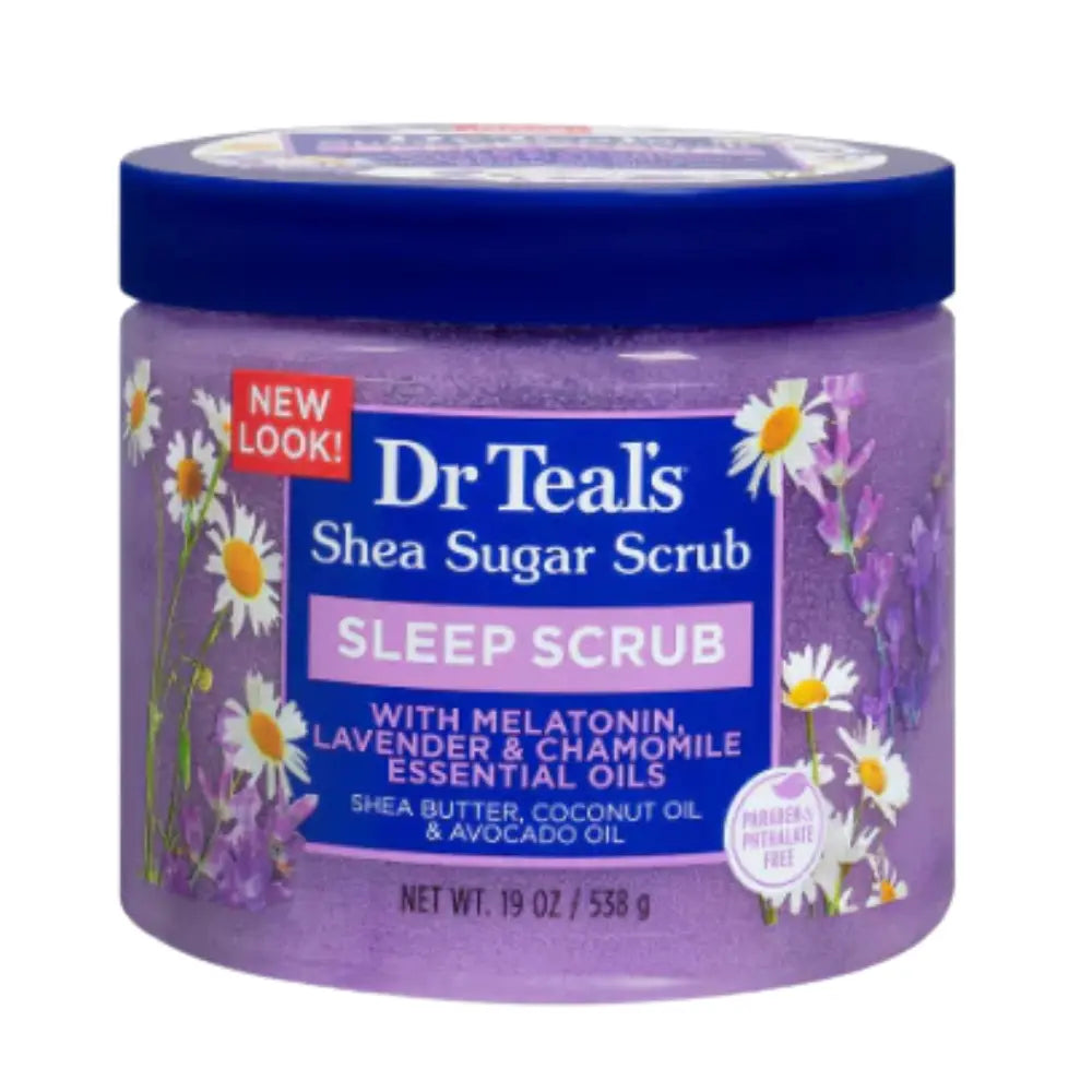 Pote de 538 g con exfoliante corporal Dr. Teal’s Sleep Scrub, enriquecido con azúcar, manteca de karité, melatonina y aceites esenciales de lavanda y manzanilla para exfoliar e hidratar la piel.