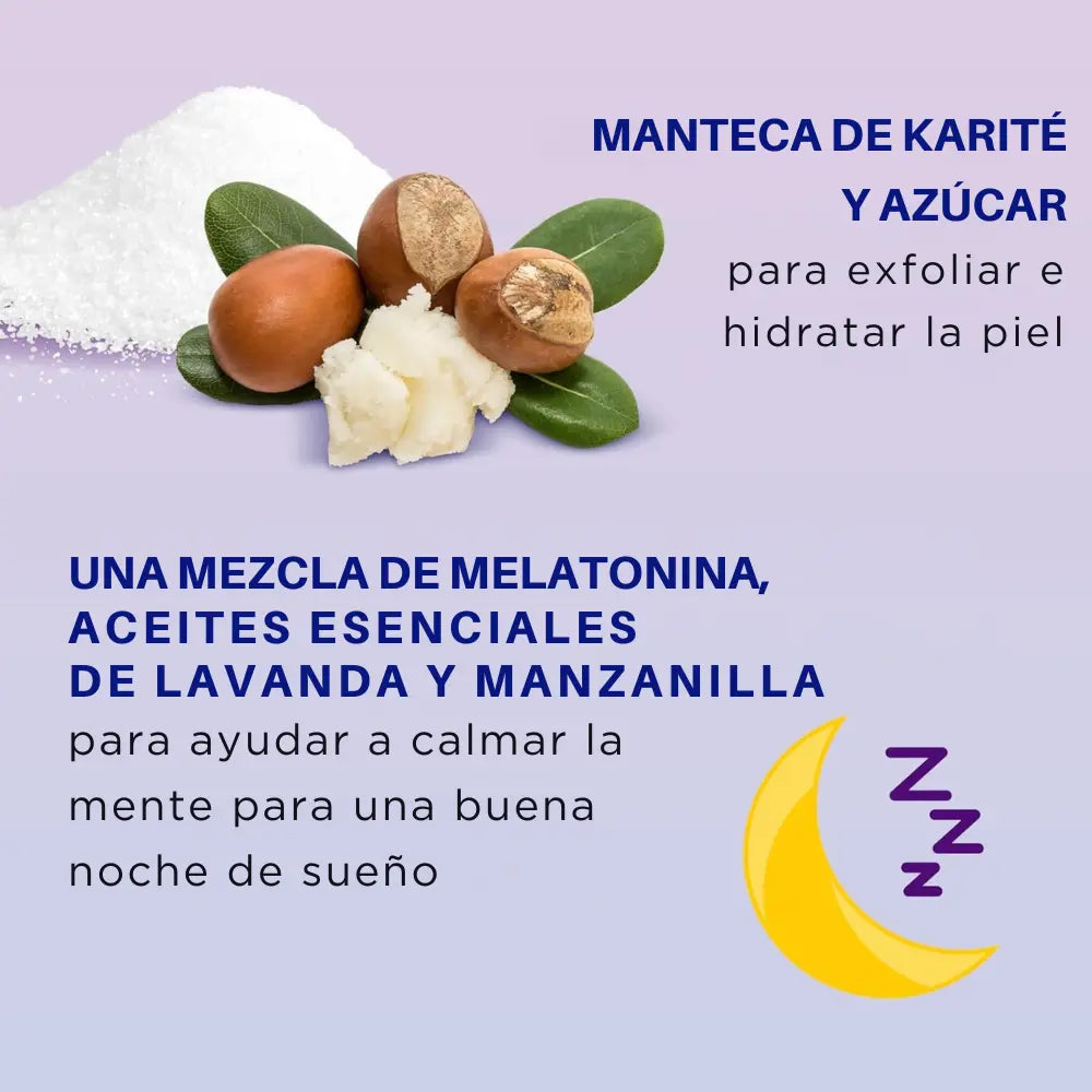 Infografía con los ingredientes del exfoliante Sleep Scrub de Dr. Teal’s, destacando la manteca de karité, el azúcar, la melatonina y los aceites esenciales de lavanda y manzanilla.