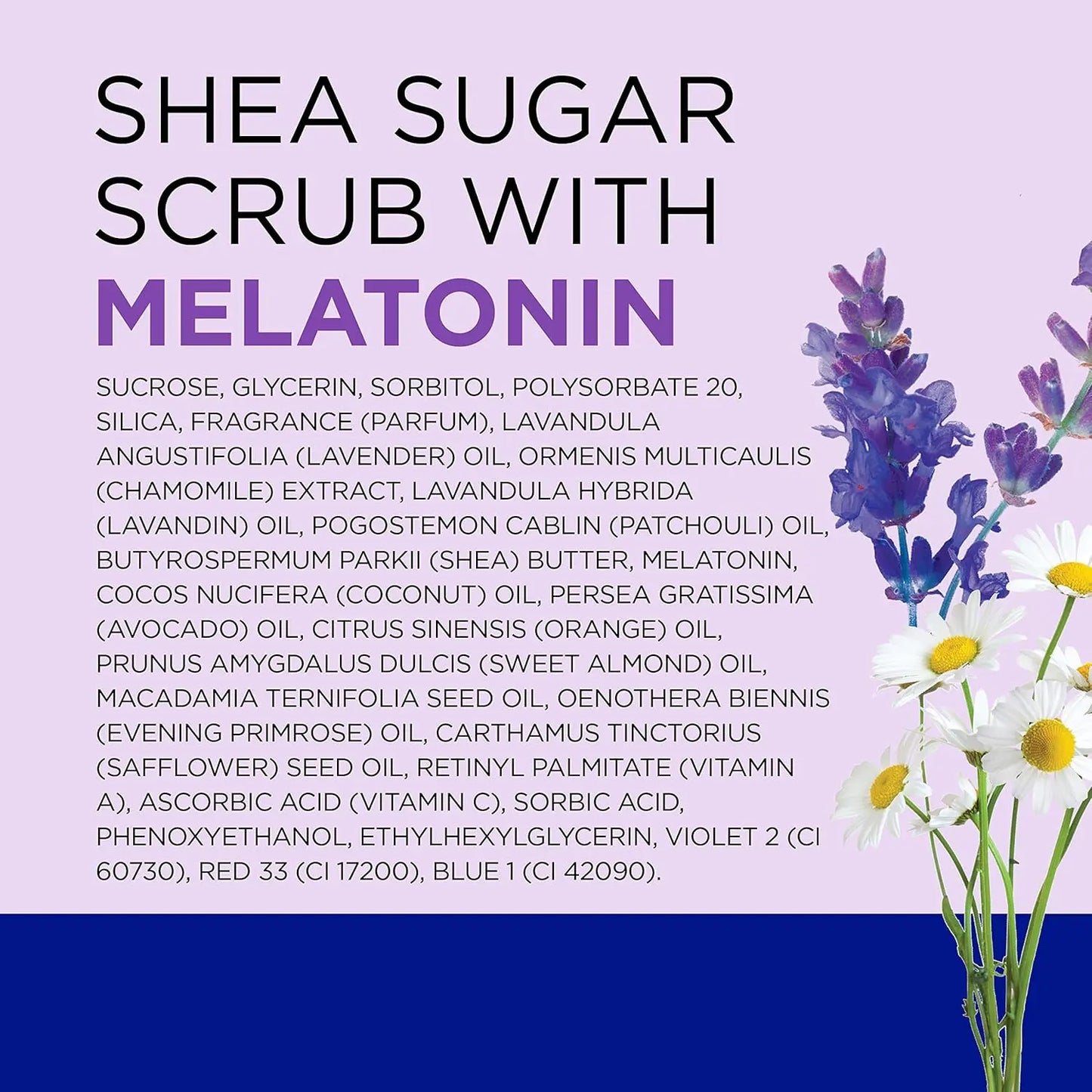 Infografía con la lista de ingredientes del exfoliante corporal Dr Teal’s Shea Sugar Scrub con melatonina. Incluye azúcar, glicerina, aceites esenciales de lavanda, manzanilla y pachuli, manteca de karité, melatonina, aceite de coco, aguacate y cítricos.