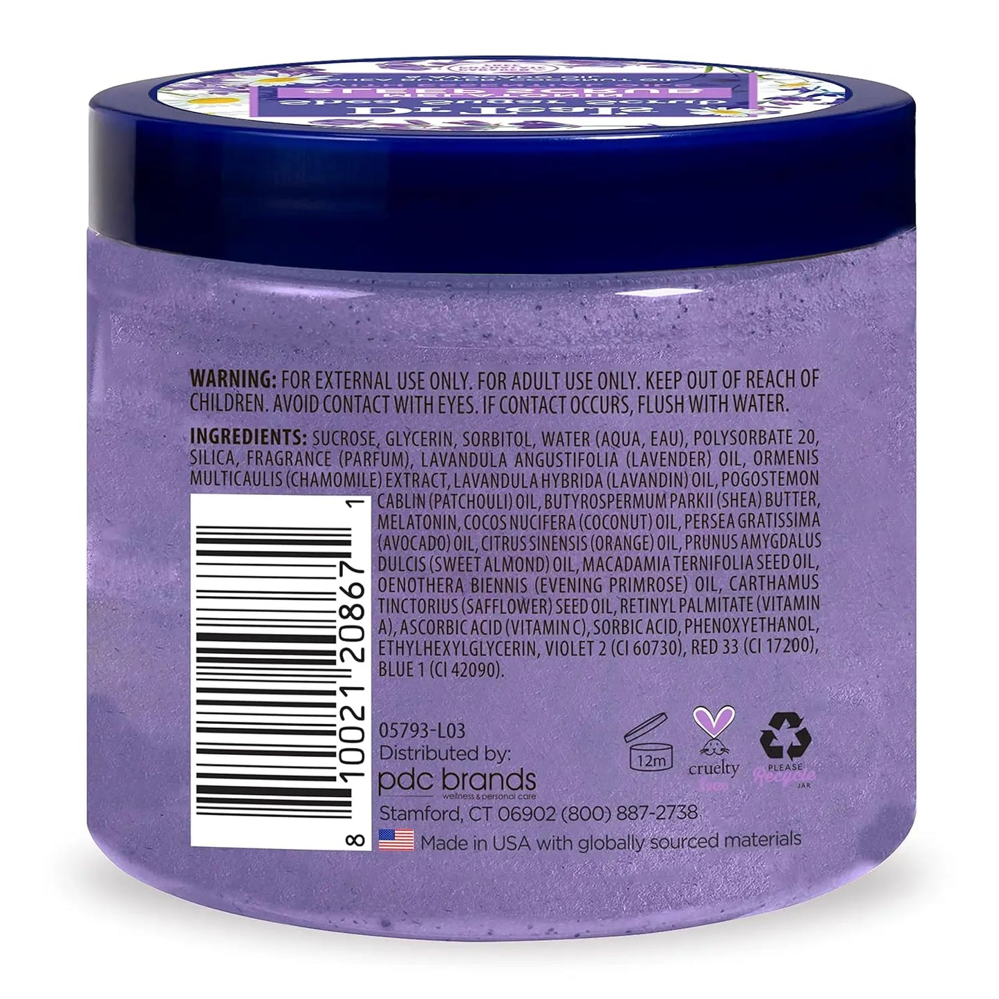 Pote de exfoliante corporal Dr Teal’s Shea Sugar Scrub con melatonina, visto desde la parte trasera. Etiqueta con ingredientes detallados y advertencias de uso. Envase translúcido con tapa azul oscuro, revelando el producto de color lila en su interior.