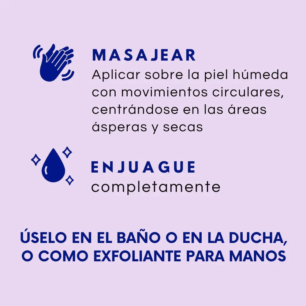 Infografía con instrucciones para usar el pote de exfoliante Sleep Scrub Dr. Teal’s: aplicar sobre la piel húmeda, masajear en movimientos circulares y enjuagar con agua tibia.