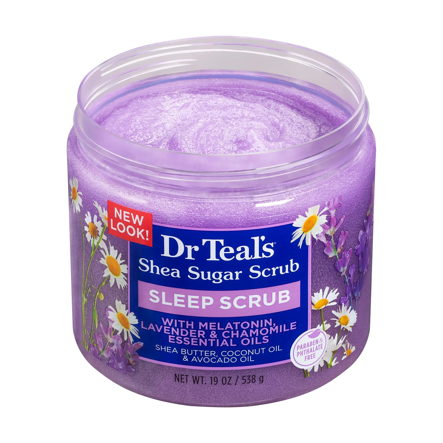 Pote abierto de exfoliante corporal Dr. Teal’s Sleep Scrub con textura granulada de azúcar y manteca de karité, ideal para exfoliar e hidratar la piel.