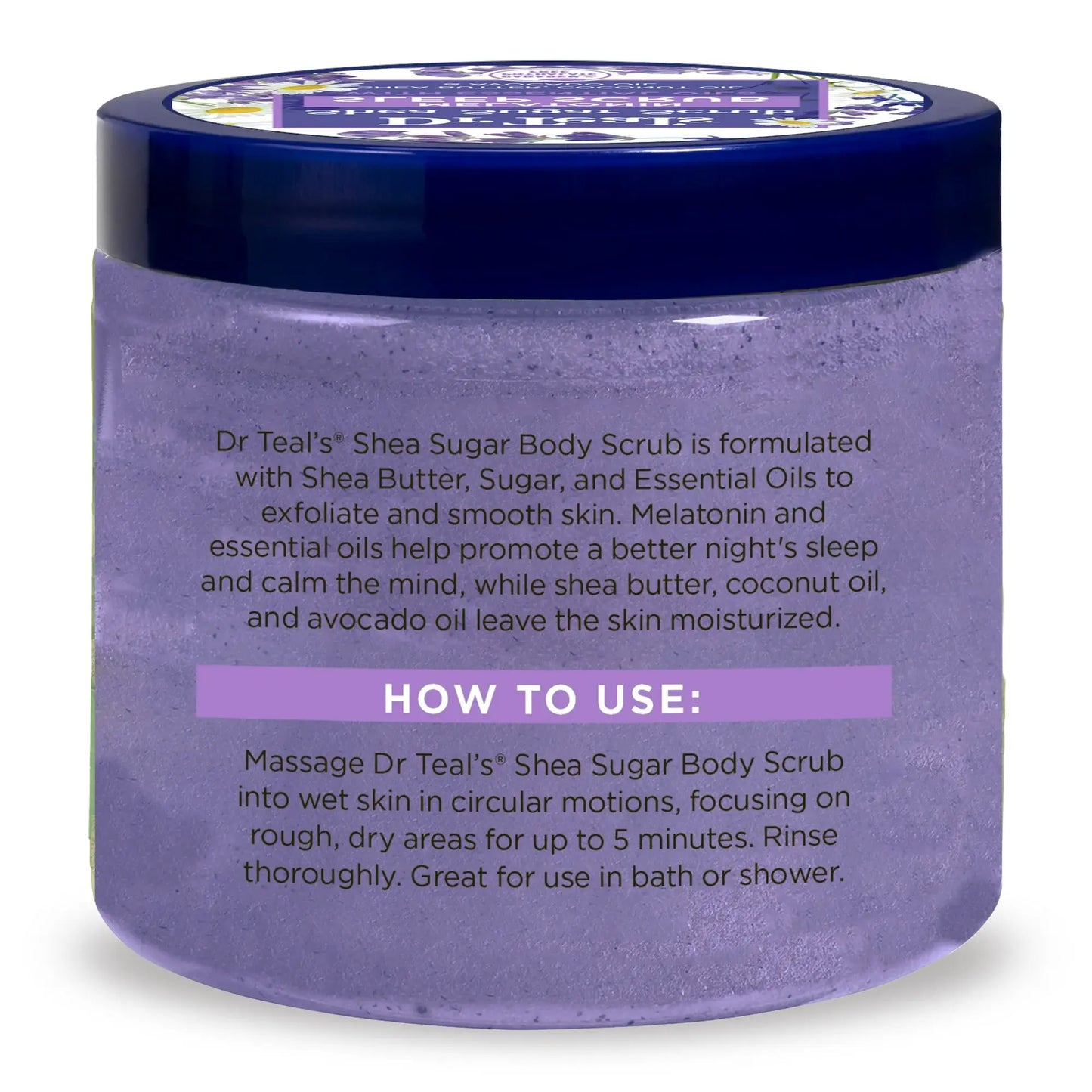 Etiqueta trasera del pote de exfoliante Dr. Teal’s Sleep Scrub, mostrando ingredientes, beneficios y modo de uso para una exfoliación efectiva.