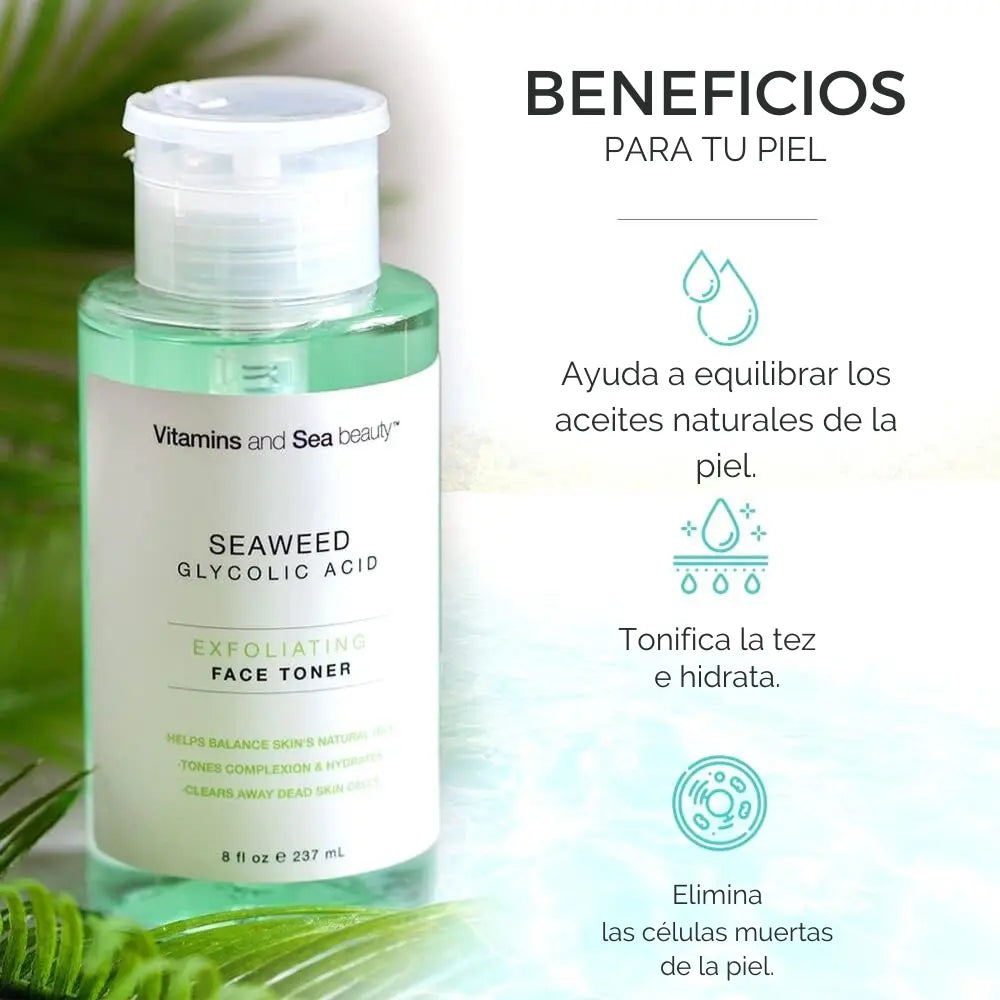 Infografía sobre los beneficios del tónico facial exfoliante con algas marinas y ácido glicólico. Destaca su capacidad para hidratar, tonificar y eliminar células muertas.