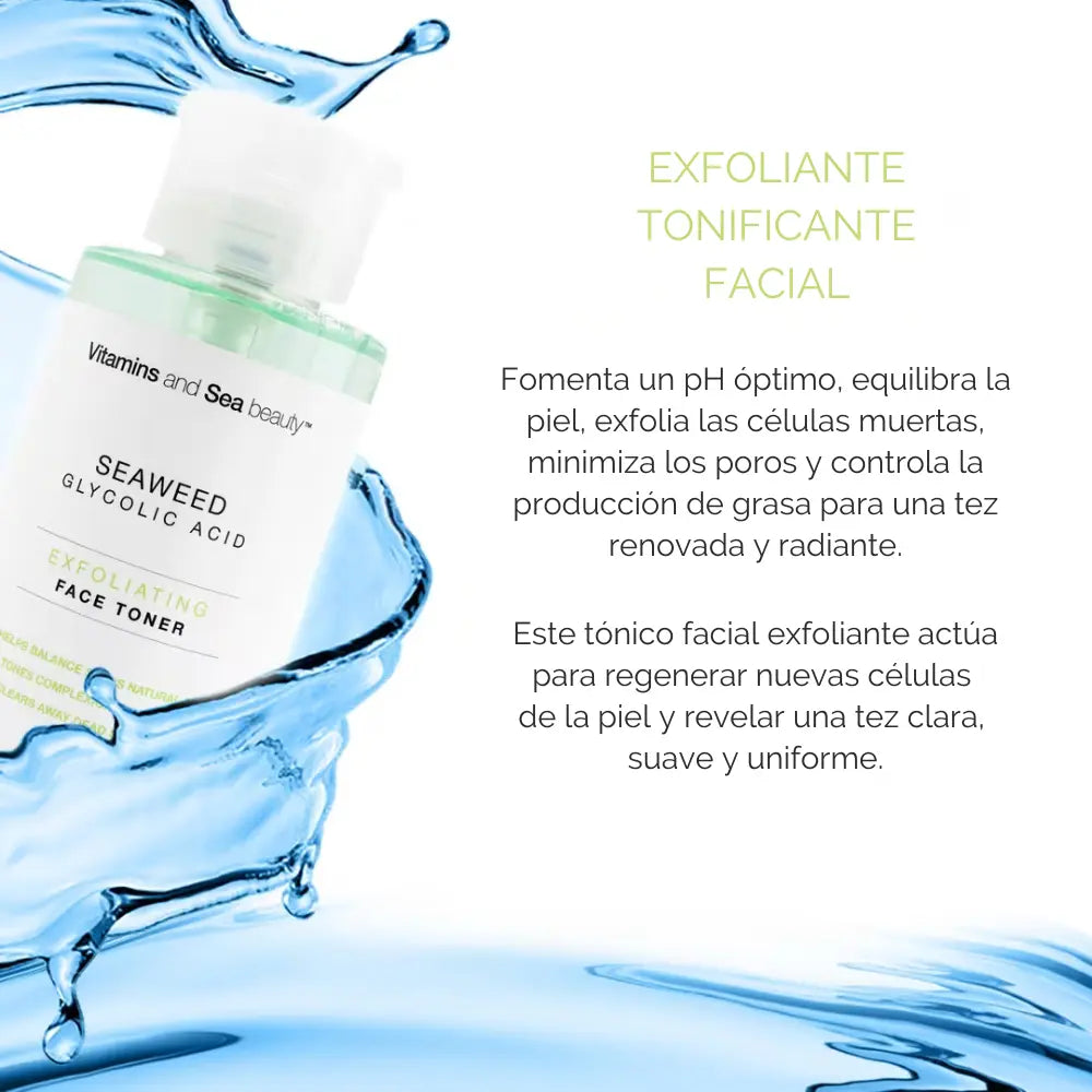 Infografía con el frasco del tónico facial de algas marinas y ácido glicólico rodeado de agua. Explica sus propiedades para equilibrar el pH de la piel, exfoliar y minimizar poros.