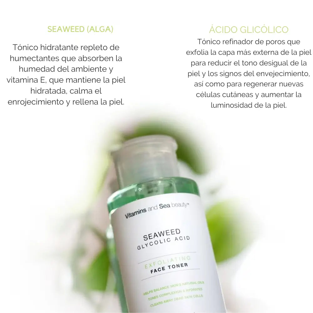 Infografía con frasco de tónico facial de algas marinas y ácido glicólico. Resalta los beneficios del extracto de algas para la hidratación y del ácido glicólico para la renovación celular.