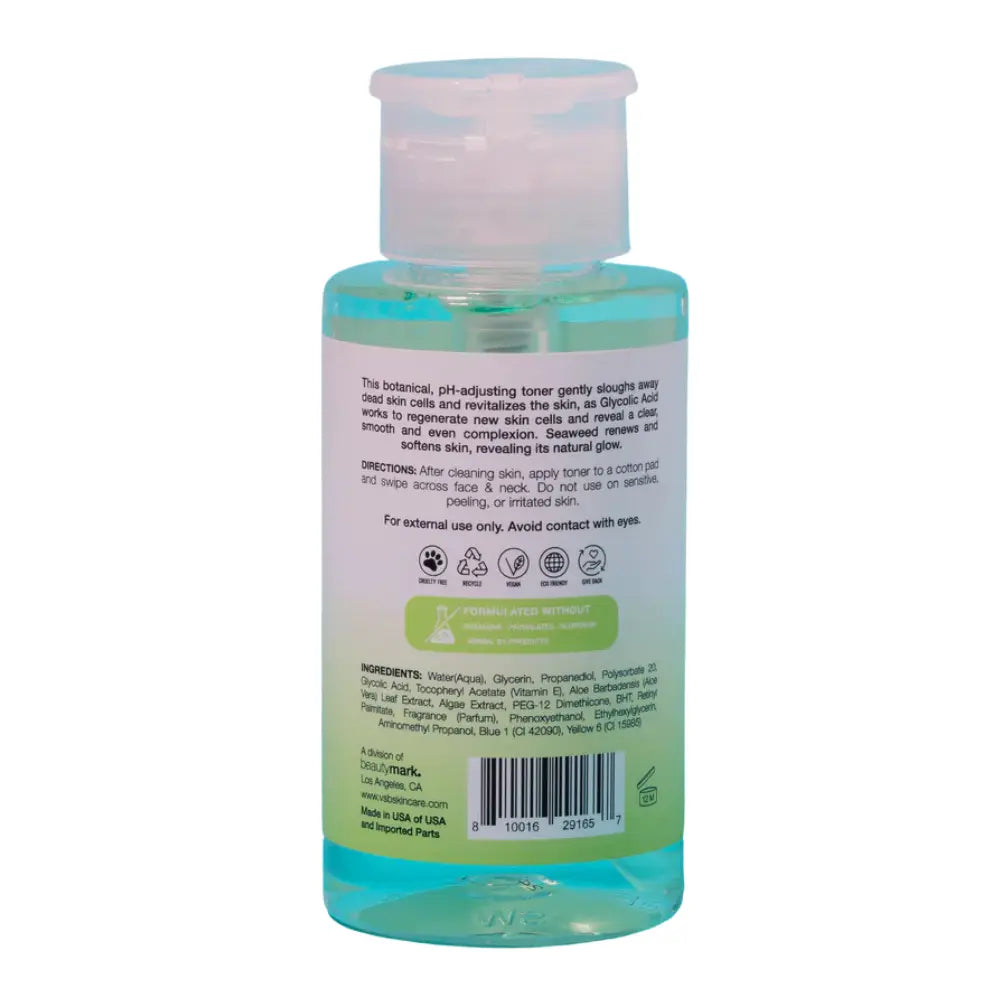 Vista trasera del frasco del tónico facial exfoliante con algas marinas y ácido glicólico. Incluye lista de ingredientes y advertencias sobre su uso externo.