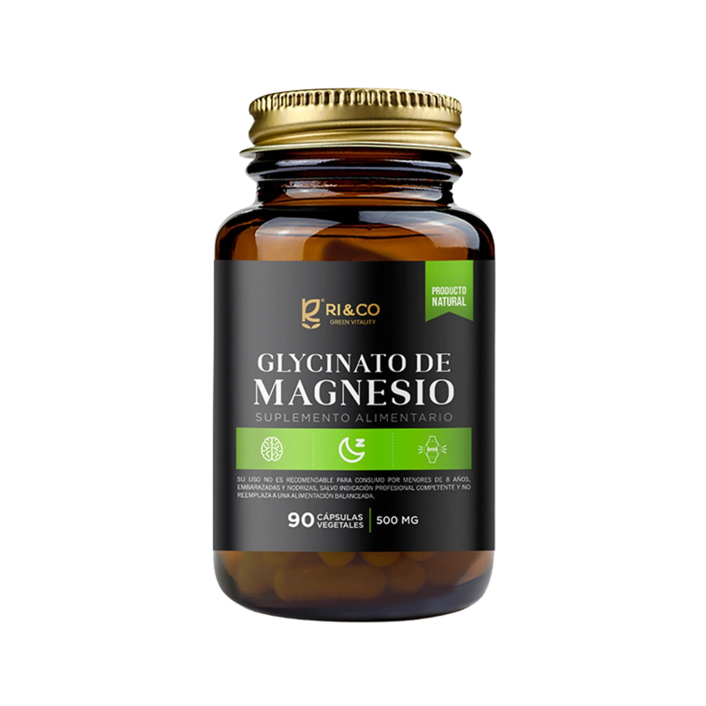 Frasco de vidrio ámbar con tapa dorada que contiene “Glycinato de Magnesio” de la marca Ri&Co Green Vitality. El suplemento alimentario se presenta en 90 cápsulas vegetales de 500 mg. La etiqueta negra y verde indica que es un producto natural, ideal para el bienestar cerebral, digestivo y muscular.