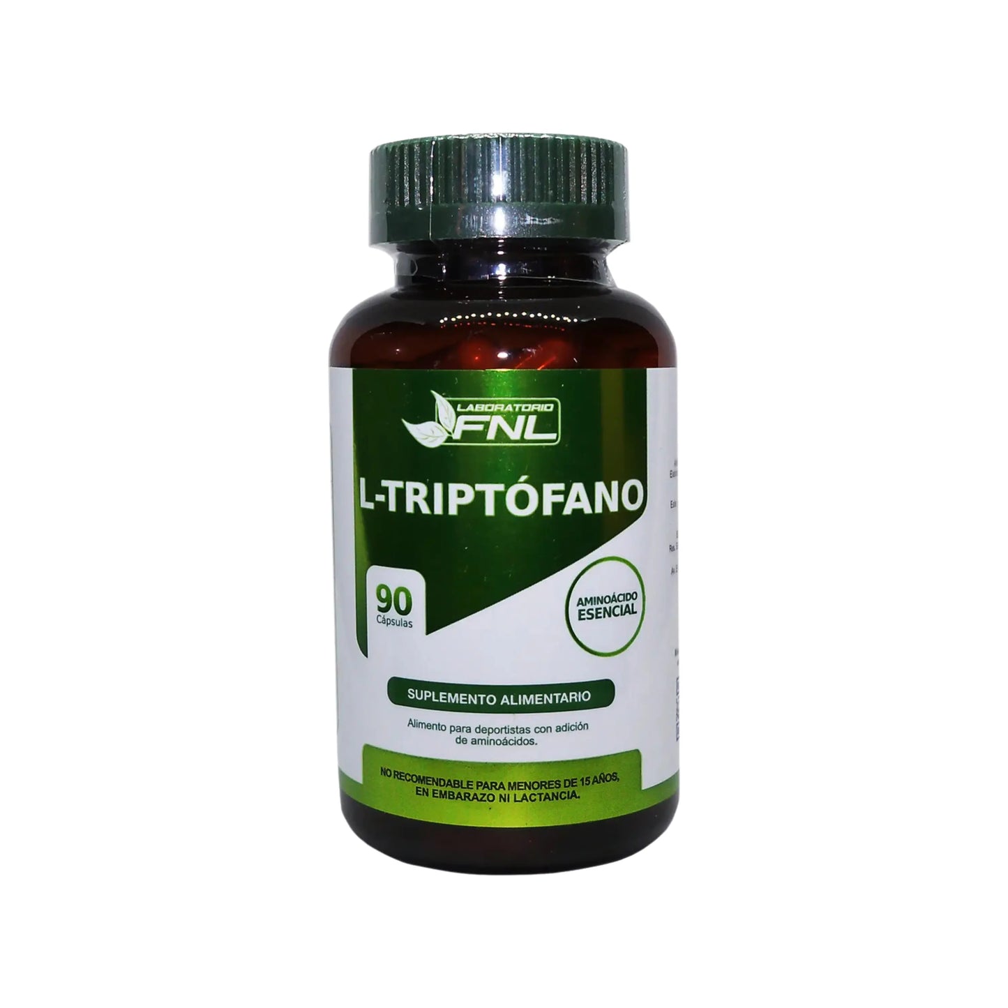 Frasco de suplemento FNL L-Triptofano con 90 cápsulas, etiquetado como aminoácido esencial, recomendado para deportistas. Envase en colores verde y blanco.