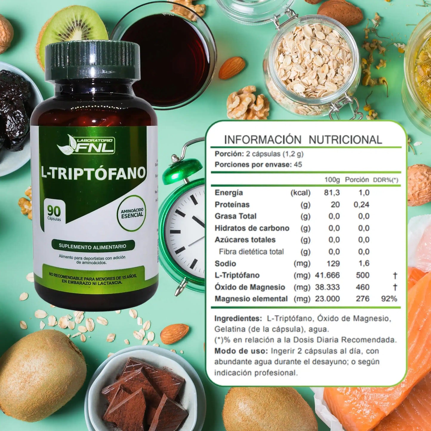 Frasco de suplemento FNL L-Triptofano con 90 cápsulas, acompañado de tabla nutricional que indica contenido de L-Triptofano y Magnesio. Fondo con alimentos como avena, nueces, kiwi, ciruelas, almendras, salmón y chocolate.