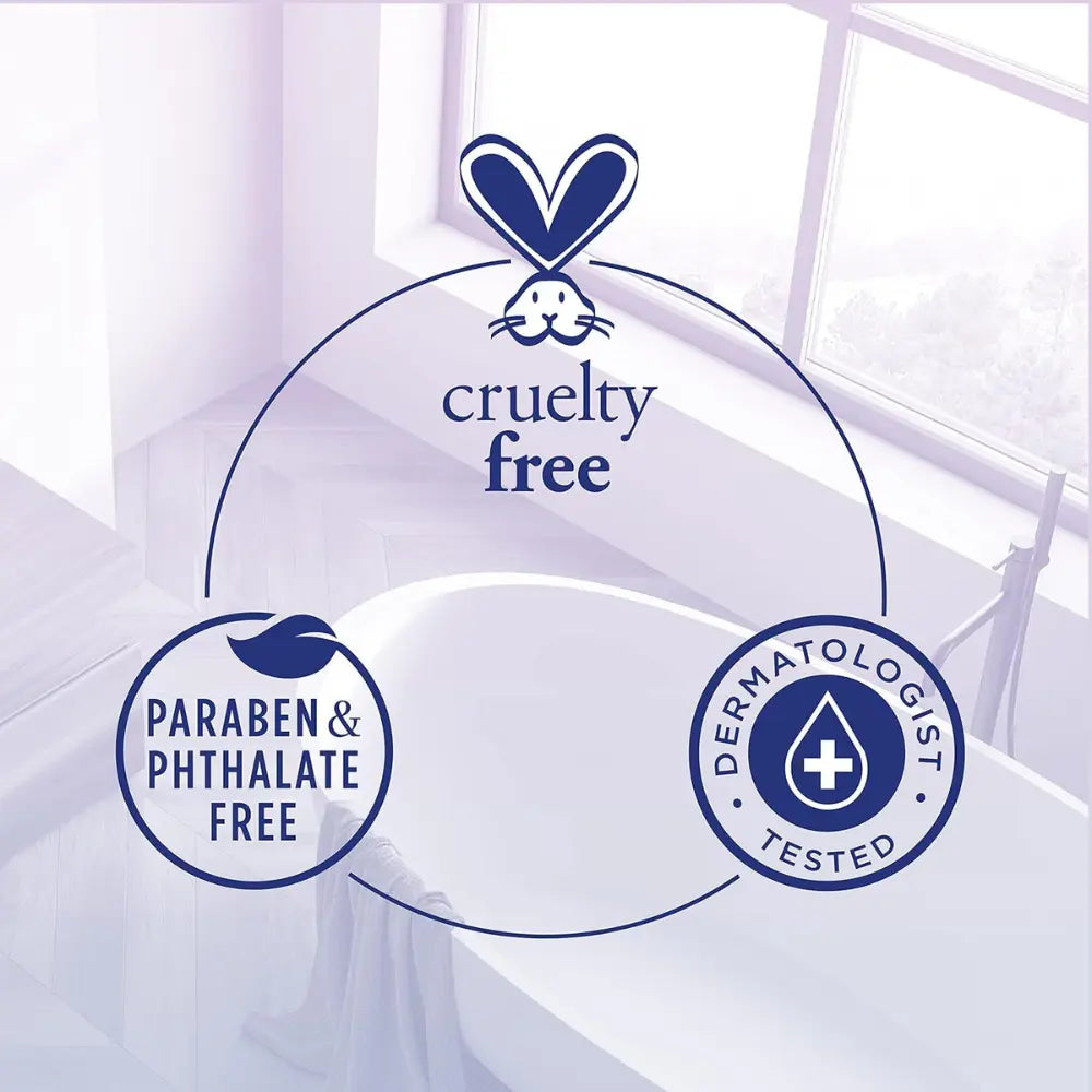 Infografía con certificaciones del producto Dr Teal’s, destacando que es cruelty-free (no testado en animales), libre de parabenos y ftalatos, y dermatológicamente probado. Diseño en tonos lilas con fondo de baño relajante, transmitiendo bienestar y cuidado de la piel.