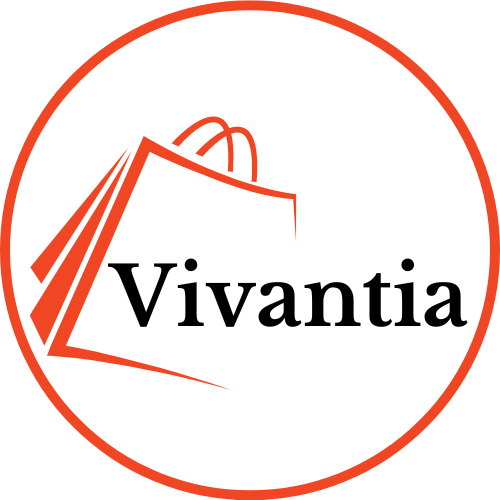 Logotipo de Vivantia, compuesto por una figura de bolsas de compras estilizadas en color rojo a la izquierda y el nombre “Vivantia” en letras negras al centro. Todo el diseño está contenido dentro de un círculo con borde rojo y fondo blanco.