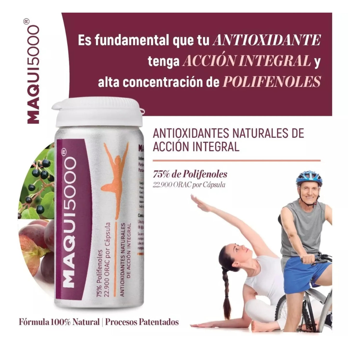Imagen promocional del suplemento antioxidante MAQUI5000, que contiene 75% de polifenoles y 22.900 ORAC por cápsula. Vista frontal del envase con diseño blanco y violeta, acompañado de personas haciendo ejercicio y frutas ricas en antioxidantes. Destaca su fórmula natural, acción integral y procesos patentados.