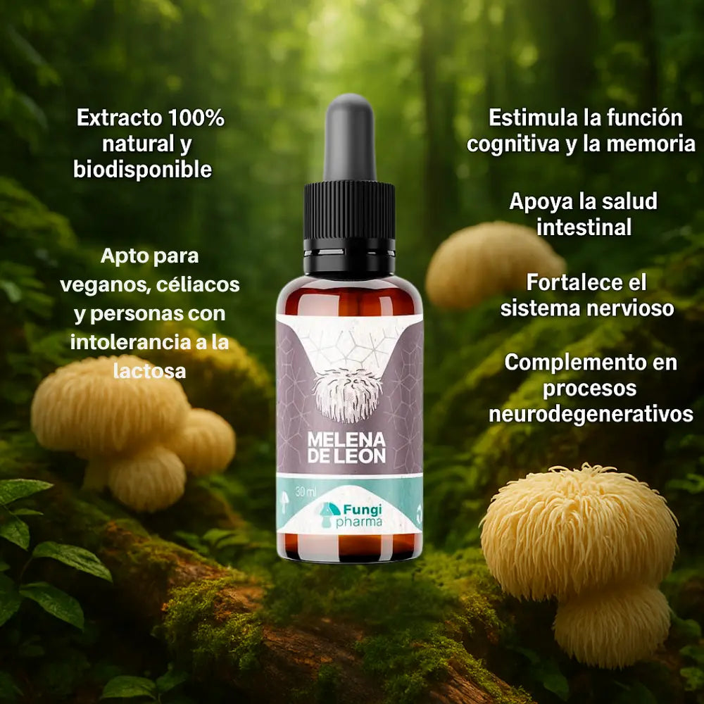 Frasco de extracto líquido de Melena de León de Fungi Pharma sobre fondo de bosque con hongos. Etiqueta en tonos gris y celeste, con gotero negro. Texto destaca beneficios: mejora cognitiva, apoyo intestinal y sistema nervioso, útil en procesos neurodegenerativos. Apto para veganos, celíacos y personas con intolerancia a la lactosa. 100% natural y biodisponible.