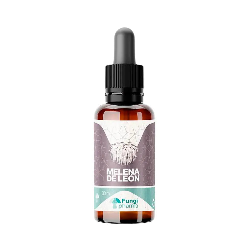 Frasco ámbar con gotero de extracto líquido de Melena de León de la marca Fungi Pharma, 30 ml. Etiqueta moderna con diseño geométrico y logotipo distintivo. Suplemento natural elaborado con hongo Hericium erinaceus, ideal para apoyo cognitivo y bienestar neuronal. Presentación práctica y fácil de usar.