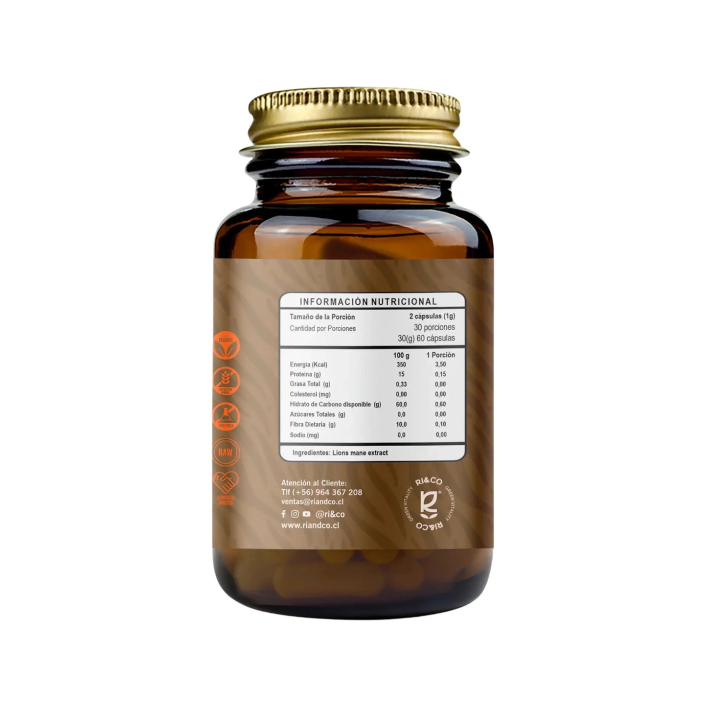 Melena de León 500mg RI&CO reverso, tabla nutricional ingredientes y dosis 60 cápsulas
