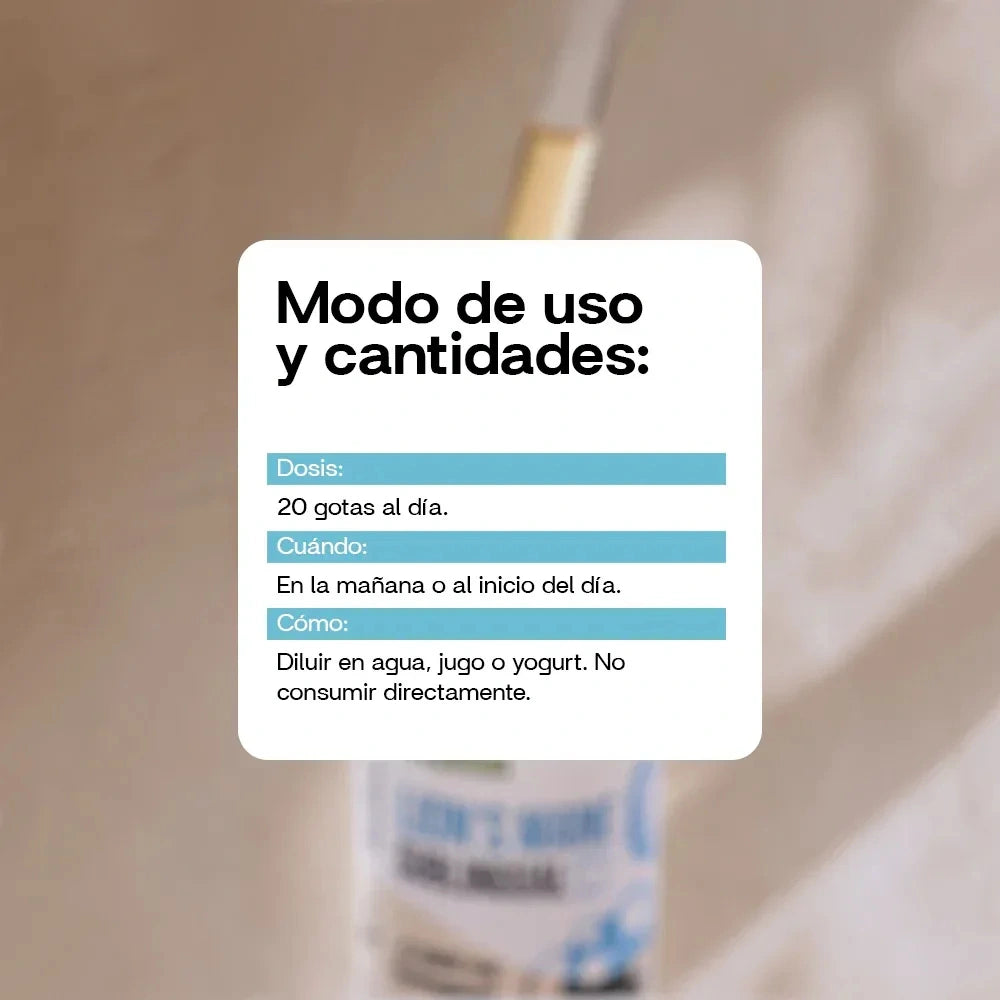Modo de uso Lion's Mane Sublingual NewPharma dosis 20 gotas diarias diluir en agua o jugo
