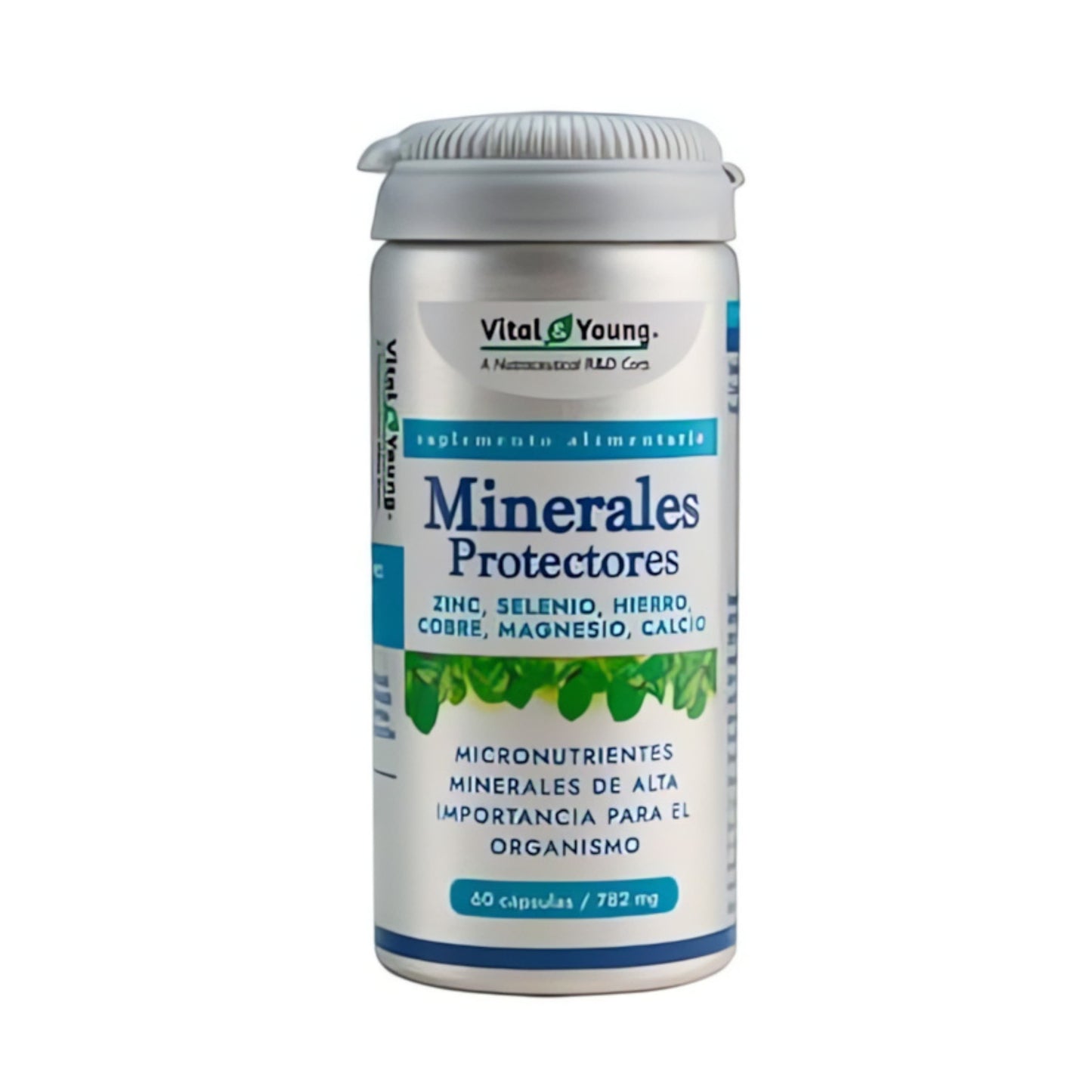 Envase de Minerales Protectores de Vital Young, enriquecido con zinc, selenio, hierro, cobre, magnesio y calcio, 60 cápsulas.