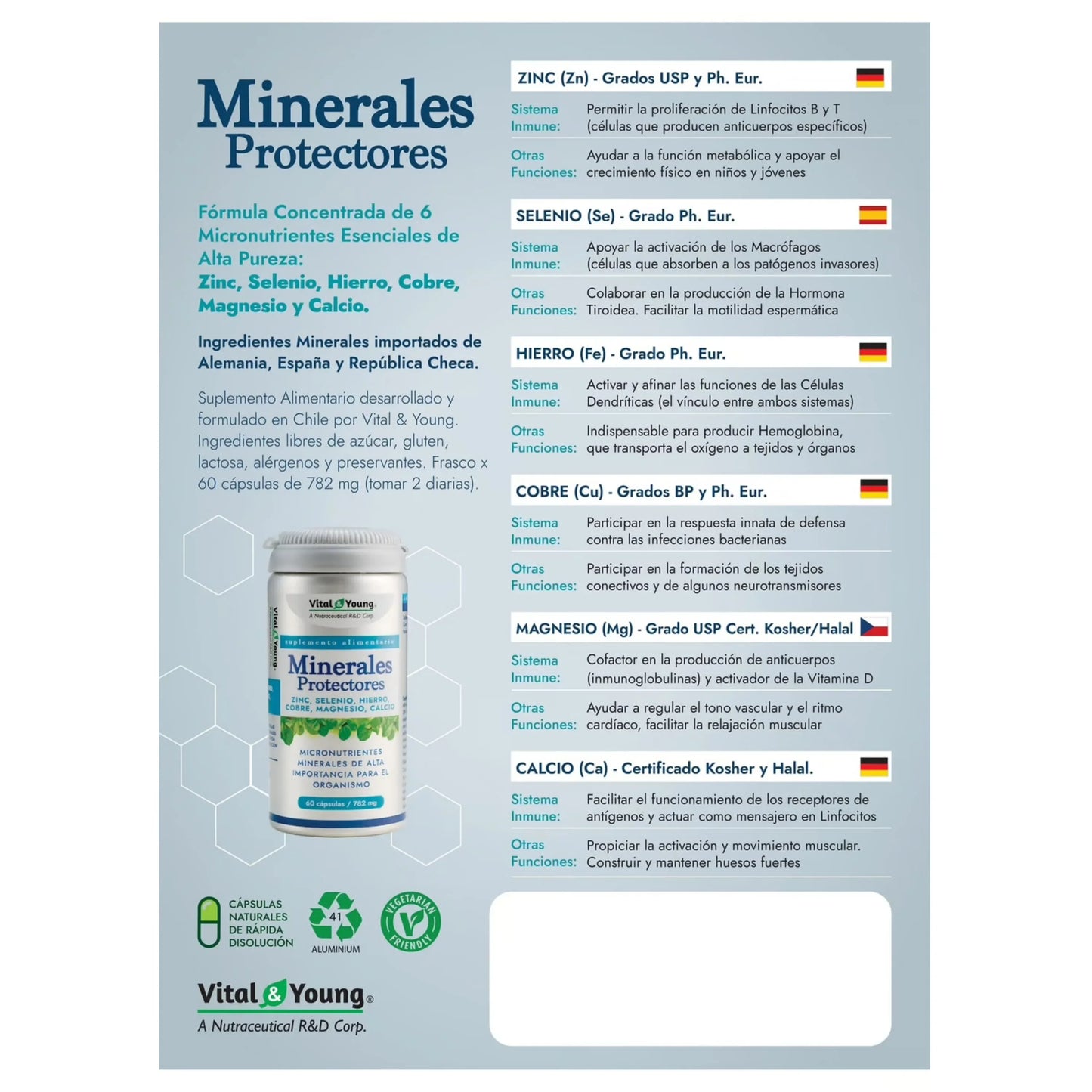 Infografía Minerales Protectores: Zinc, Selenio, Hierro, Cobre, Magnesio y Calcio beneficios inmunológicos y metabólicos