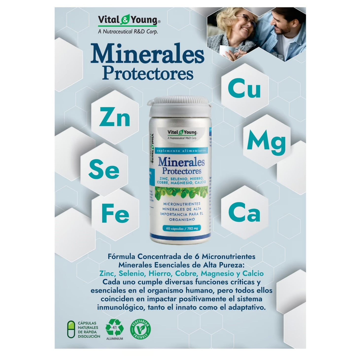 Minerales Protectores de Vital & Young, cápsulas con zinc, selenio, hierro, magnesio y calcio para apoyo inmunológico.