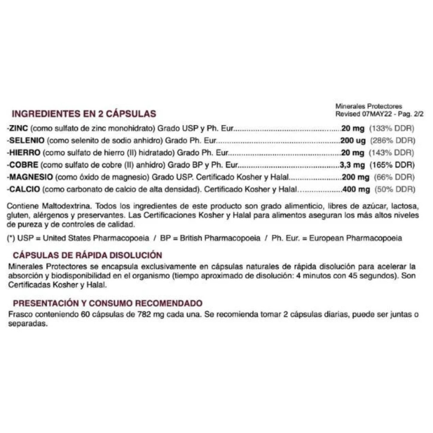 Ingredientes y información nutricional de Minerales Protectores en cápsulas, con zinc, selenio, hierro, magnesio y calcio.