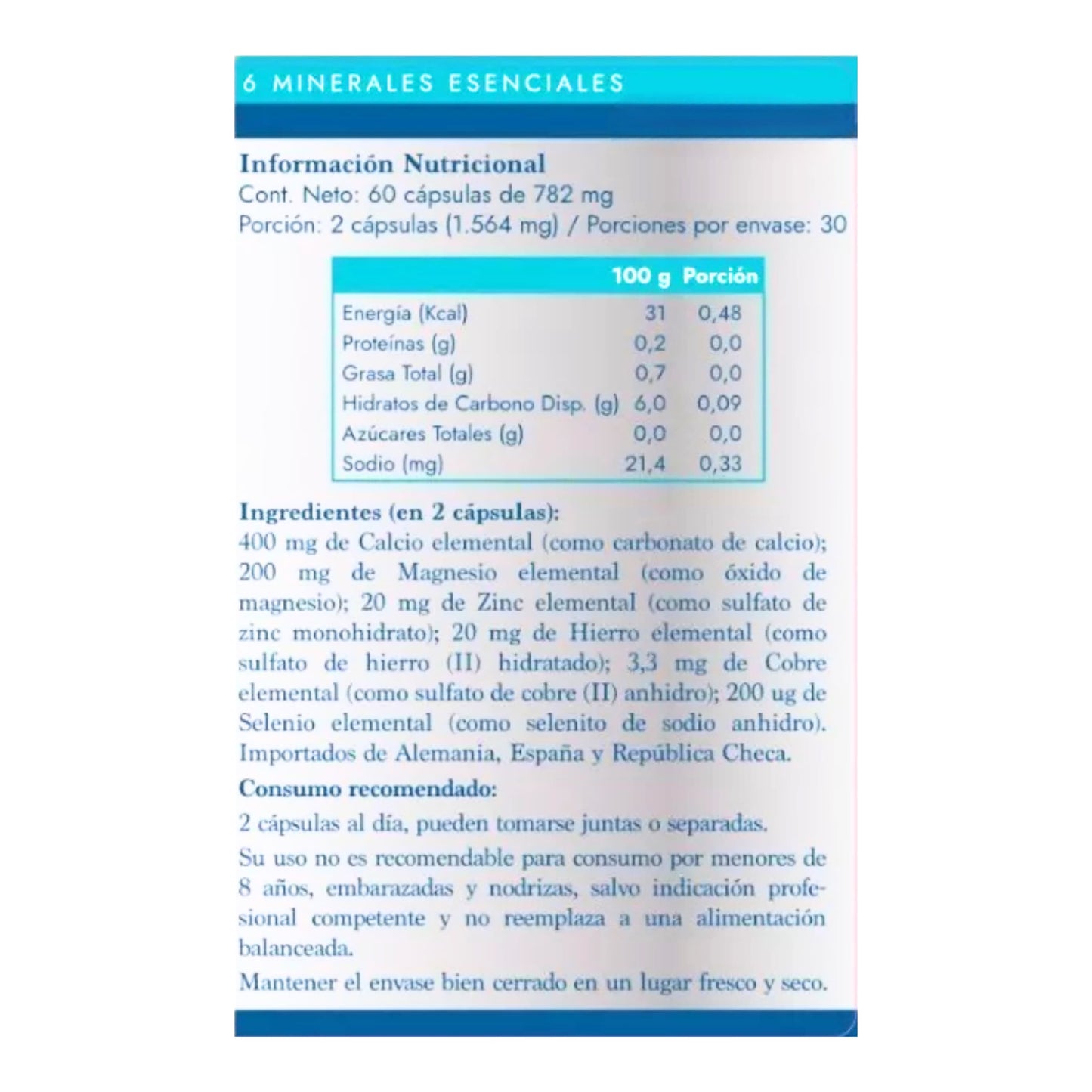 Información nutricional de Minerales Protectores - Zinc, Selenio, Hierro, Magnesio y Calcio en cápsulas.
