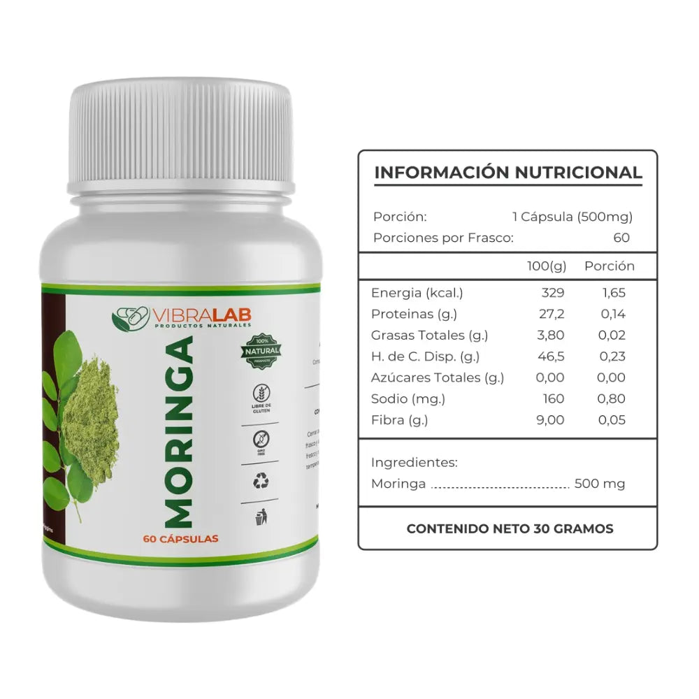 Moringa 500mg Vibralab frasco frontal, 60 cápsulas suplemento natural