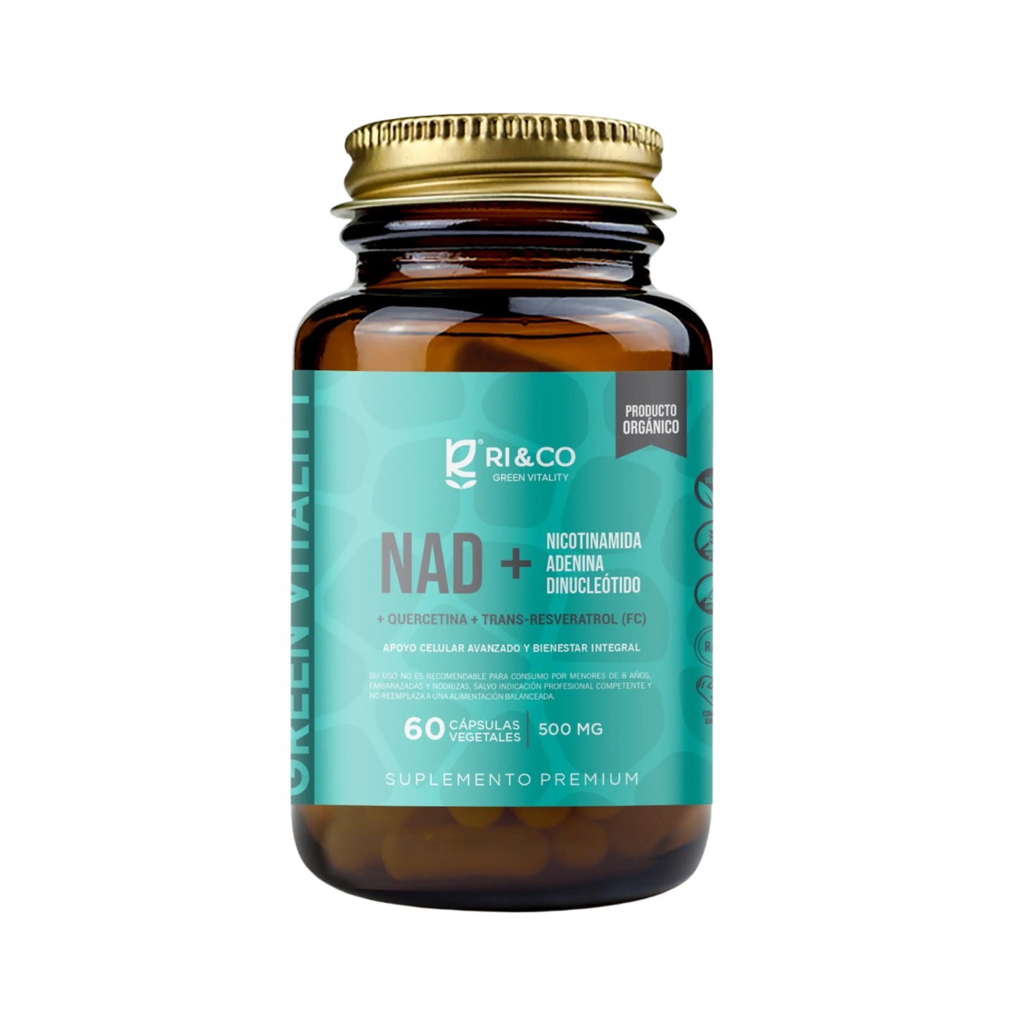Frasco de suplemento NAD+ de RI&CO con 60 cápsulas vegetales de 500 mg. Etiqueta verde con detalles sobre su contenido de Nicotinamida Adenina Dinucleótido, Quercetina y Trans-Resveratrol para apoyo celular avanzado y bienestar integral. Producto orgánico y suplemento premium.