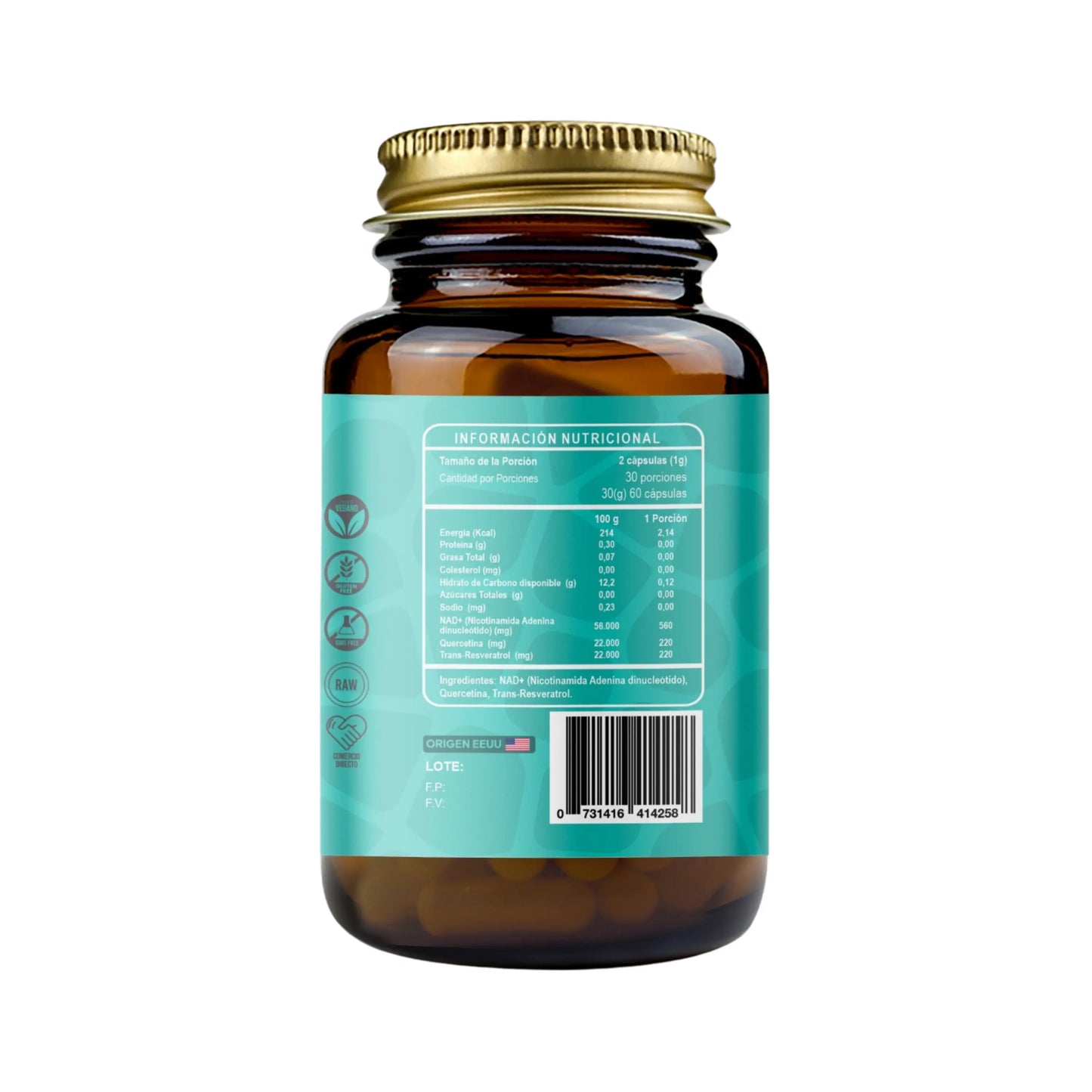 Vista trasera del frasco de NAD+ de RI&CO. Muestra la información nutricional con detalles sobre su contenido de NAD+ (Nicotinamida Adenina Dinucleótido), Quercetina y Trans-Resveratrol. Etiqueta con certificaciones, código de barras y origen en EE.UU.