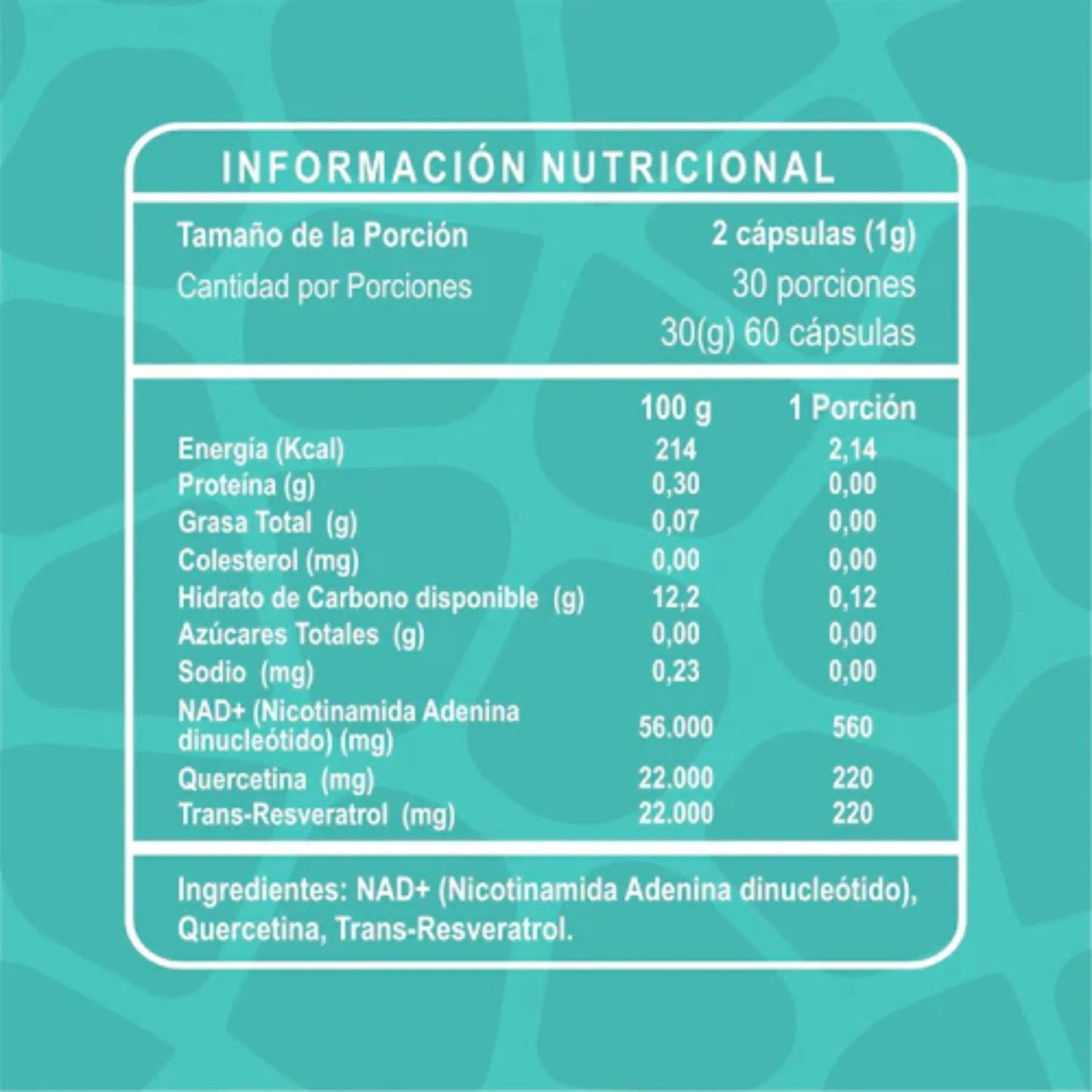 Tabla de información nutricional del suplemento NAD+ de RI&CO. Indica el tamaño de porción de 2 cápsulas (1 g) con 30 porciones por envase. Contiene NAD+ (Nicotinamida Adenina Dinucleótido), Quercetina y Trans-Resveratrol. Sin grasas, azúcares ni colesterol.