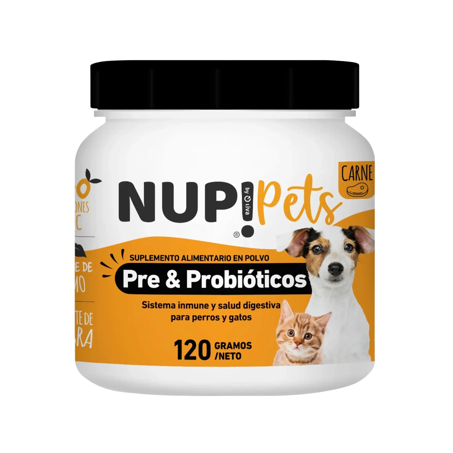 Fotografía de un frasco de suplemento alimentario en polvo para mascotas de la marca NUP! Pets. El producto está etiquetado como “Pre & Probióticos”, con sabor a carne, y está formulado para perros y gatos, promoviendo el sistema inmune y la salud digestiva. El envase contiene 120 gramos netos y muestra ilustraciones de un perro y un gato al frente.