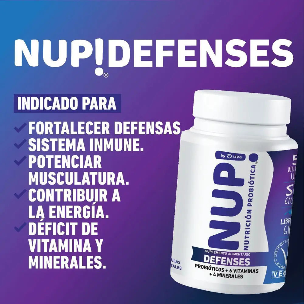 Suplemento NUP! DEFENSES con probióticos, vitaminas y minerales. Indicado para fortalecer el sistema inmune, potenciar la musculatura y mejorar los niveles de energía.