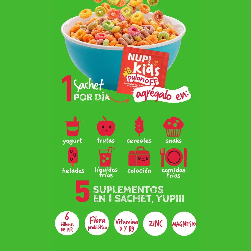 Infografía NUP! Kids Pylori Off probióticos: flora intestinal, 5 suplementos, billones UFC y vitaminas