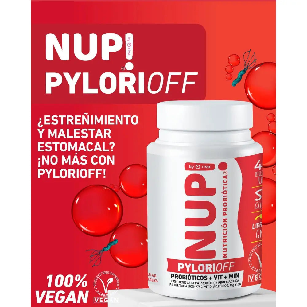 Infografía promocional de NUP! PyloriOff, destacando sus beneficios para el alivio del estreñimiento y malestar estomacal. Fondo rojo con elementos gráficos relacionados con la salud digestiva.