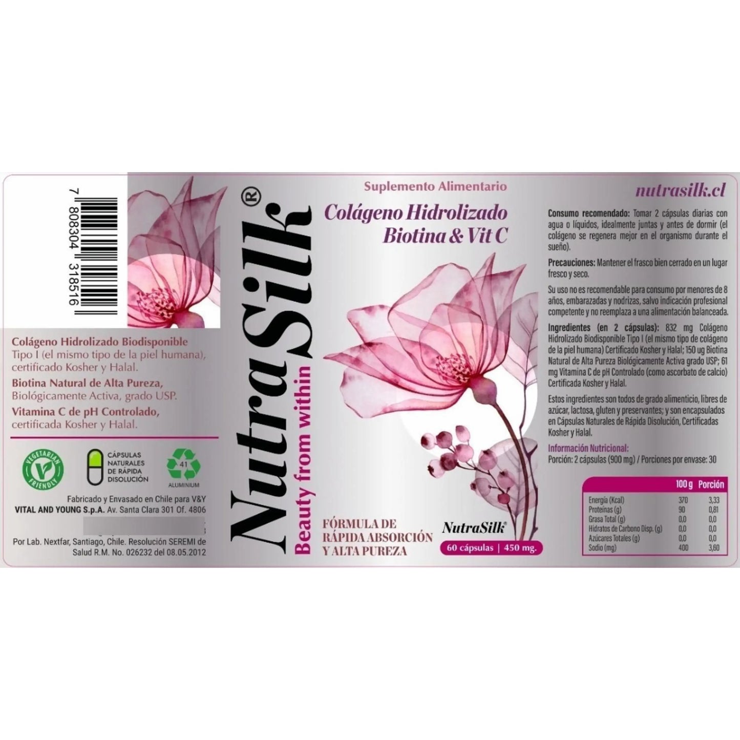 Etiqueta completa del suplemento NutraSilk con colágeno hidrolizado, biotina y vitamina C. Presenta información nutricional, ingredientes, modo de uso y certificaciones Kosher y Halal. Contiene 60 cápsulas de rápida absorción en envase reciclable.