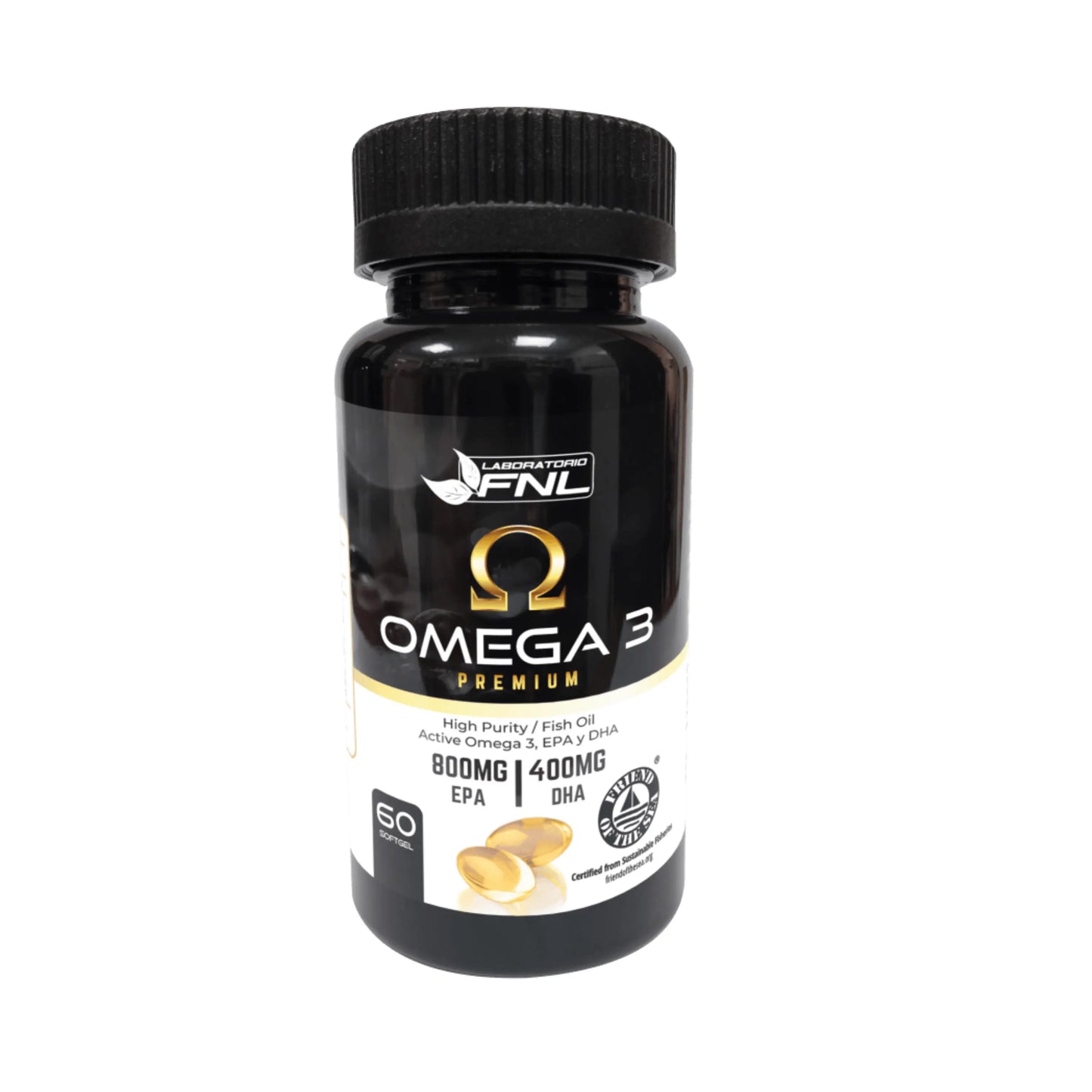 Omega 3 Premium 60 cápsulas, 800mg EPA y 400mg DHA para salud cerebral y cardiovascular.