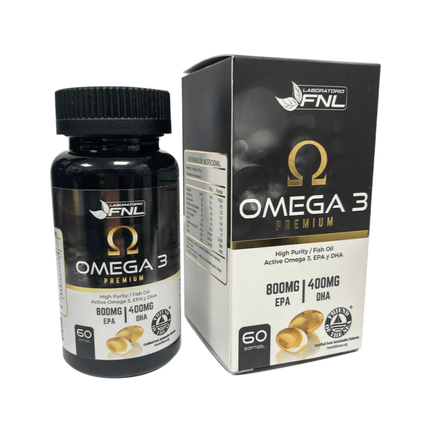 Omega 3 Premium 60 cápsulas, 800mg EPA y 400mg DHA, apoyo cardiovascular y función cerebral.