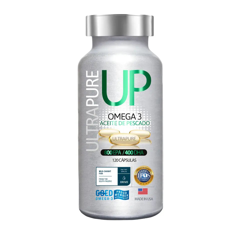 Frasco de suplemento alimenticio Ultrapure UP Omega 3 de aceite de pescado. Contiene 120 cápsulas con 800 mg de EPA y 400 mg de DHA. Etiquetas destacadas: alta pureza, certificaciones IFOS, GOED y Orivo, producto fabricado en EE. UU.