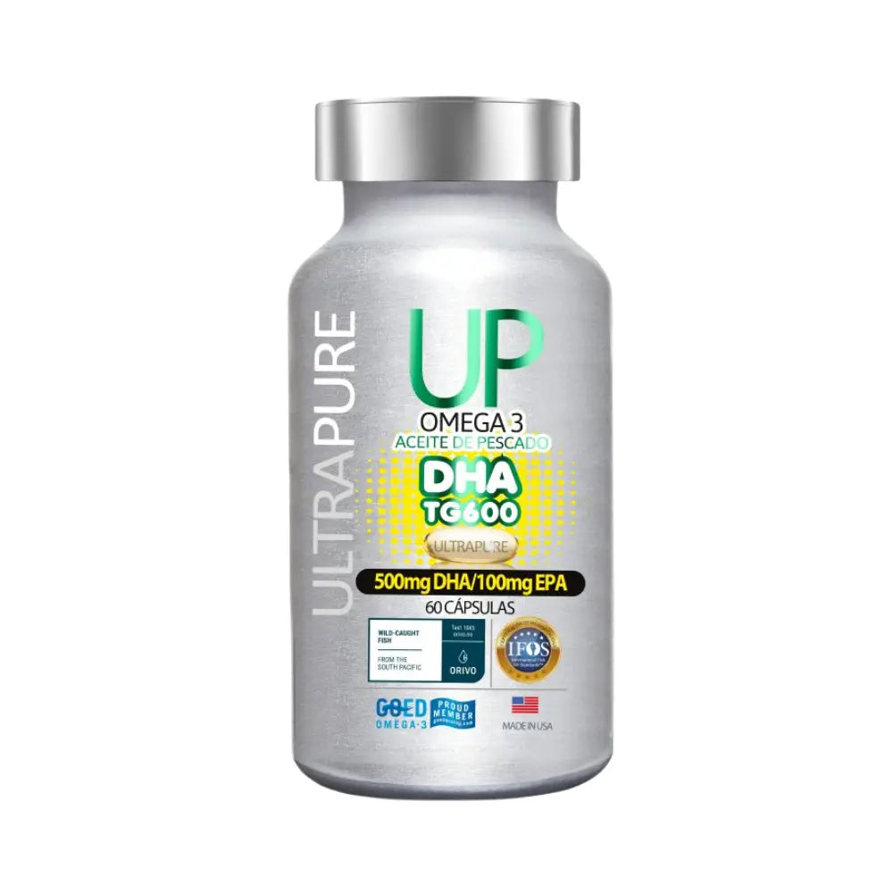 Frasco plateado de suplemento Omega 3 UP UltraPure DHA TG600 con 60 cápsulas blandas. Contiene 500 mg de DHA y 100 mg de EPA por cápsula. Etiqueta con certificaciones de calidad IFOS, ORIVO y GOED Omega-3, además de sello de producto hecho en EE.UU.