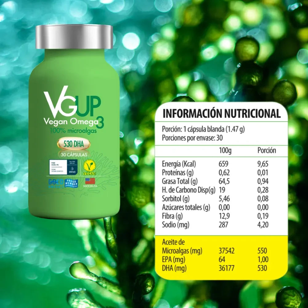 Omega 3 UP Vegan DHA reverso tabla nutricional, 530mg DHA microalgas 30 cápsulas
