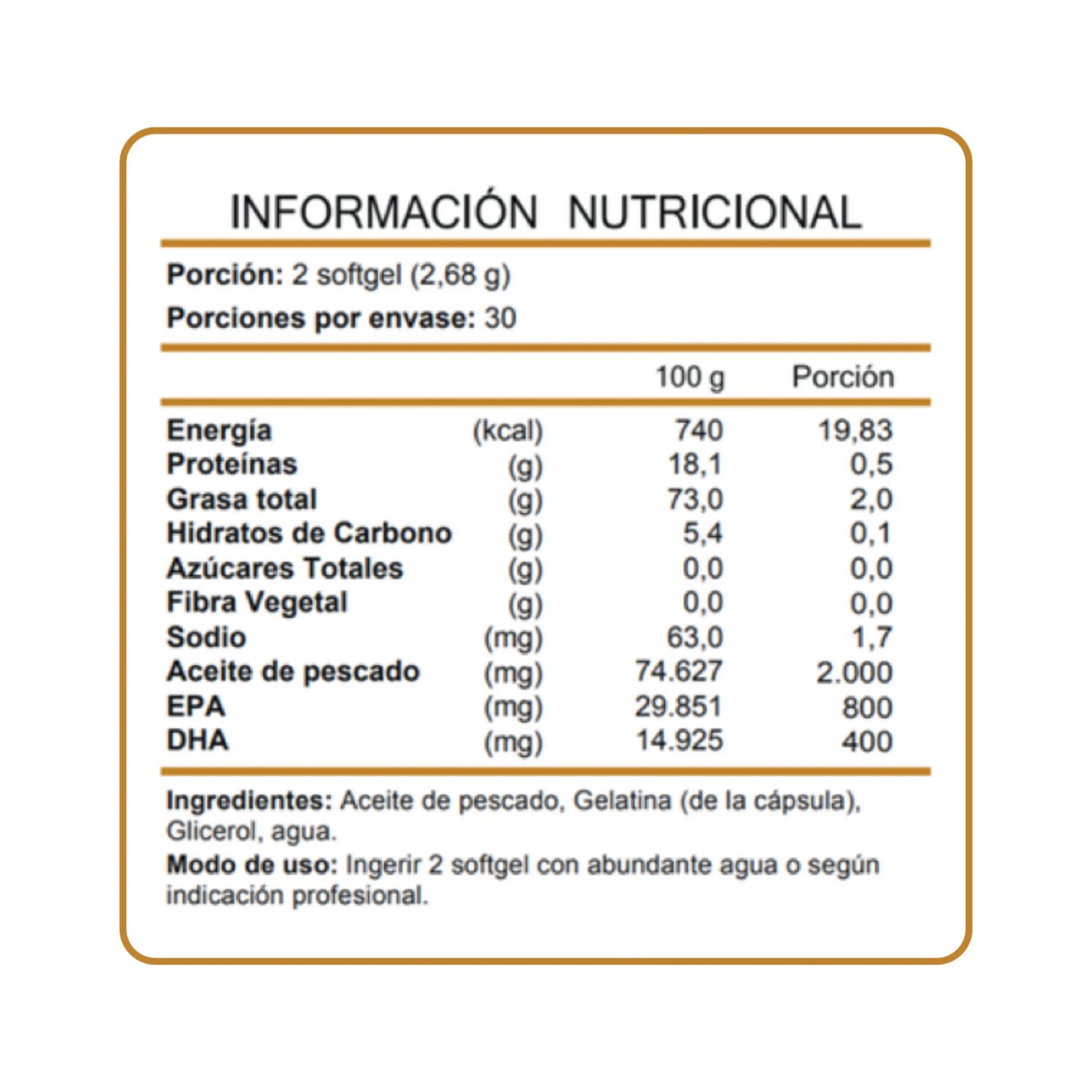 Información nutricional de Omega 3 Premium en cápsulas, detallando porción y valores por 100 g y por porción.