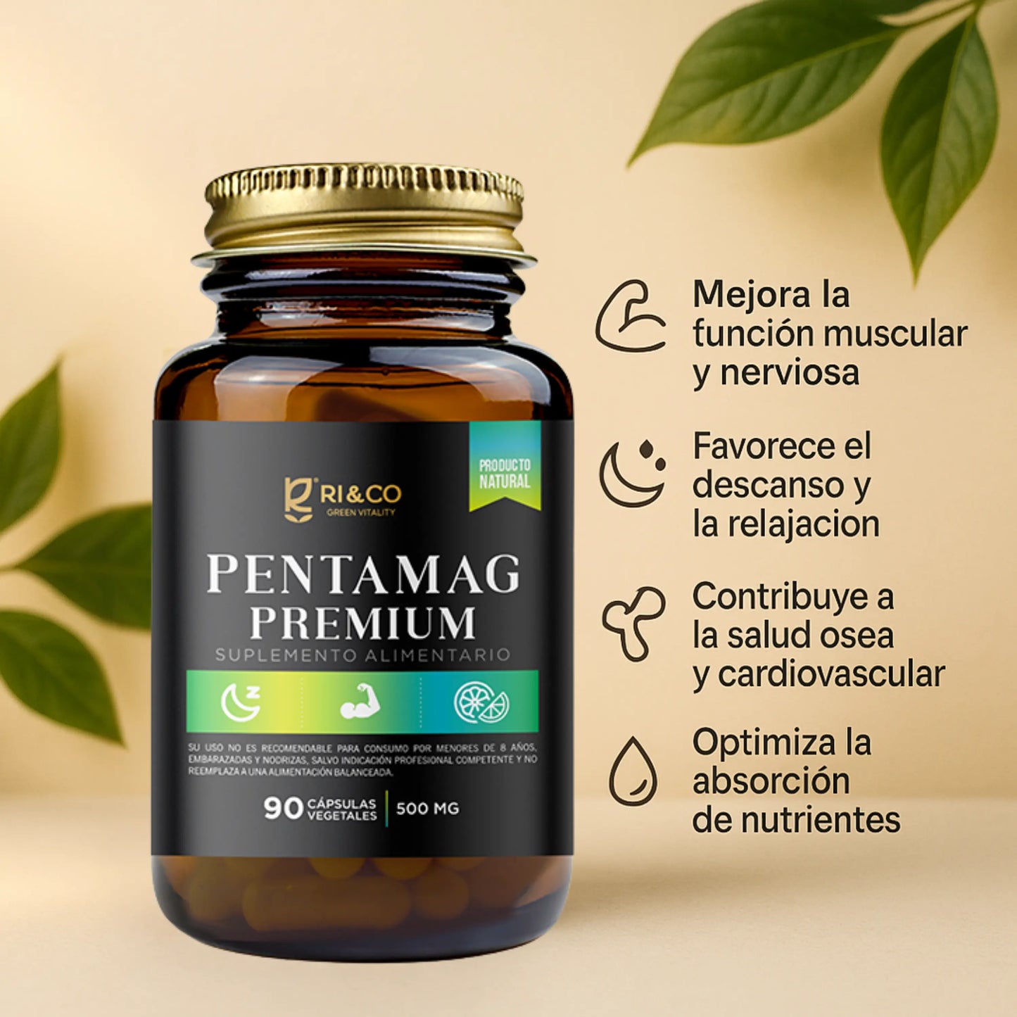 Frasco de suplemento “Pentamag Premium” de Ri&Co Green Vitality, con 90 cápsulas vegetales de 500 mg. Etiqueta negra y verde destacando beneficios: mejora función muscular y nerviosa, favorece descanso, contribuye a la salud ósea y cardiovascular, y optimiza absorción de nutrientes. Producto natural.