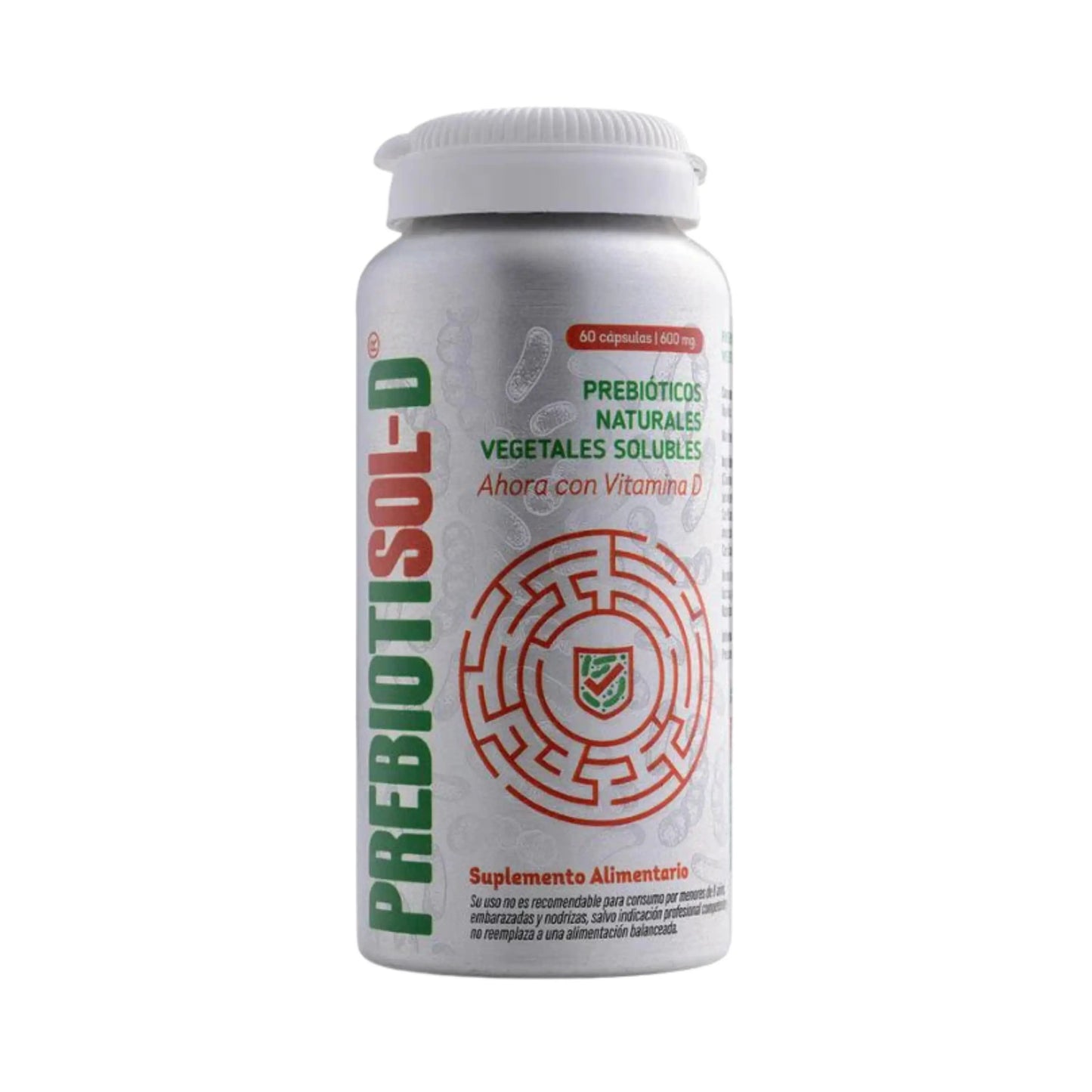 Frasco de Prebiotisol-D con 60 cápsulas de 600 mg, suplemento alimenticio con prebióticos naturales vegetales solubles y vitamina D. Diseñado para el equilibrio intestinal y el fortalecimiento del sistema inmune.