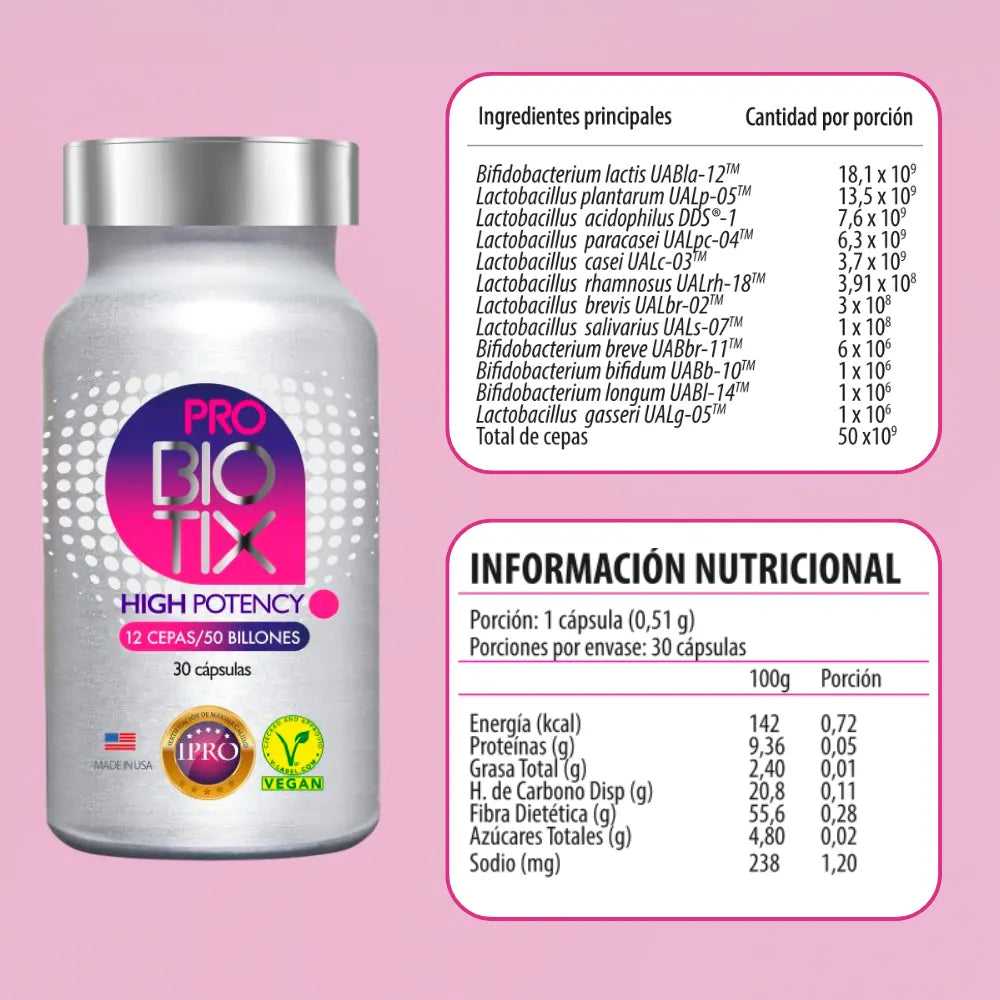 ProBiotix High Potency reverso tabla nutricional, 12 cepas 50 billones probióticos 30 cápsulas