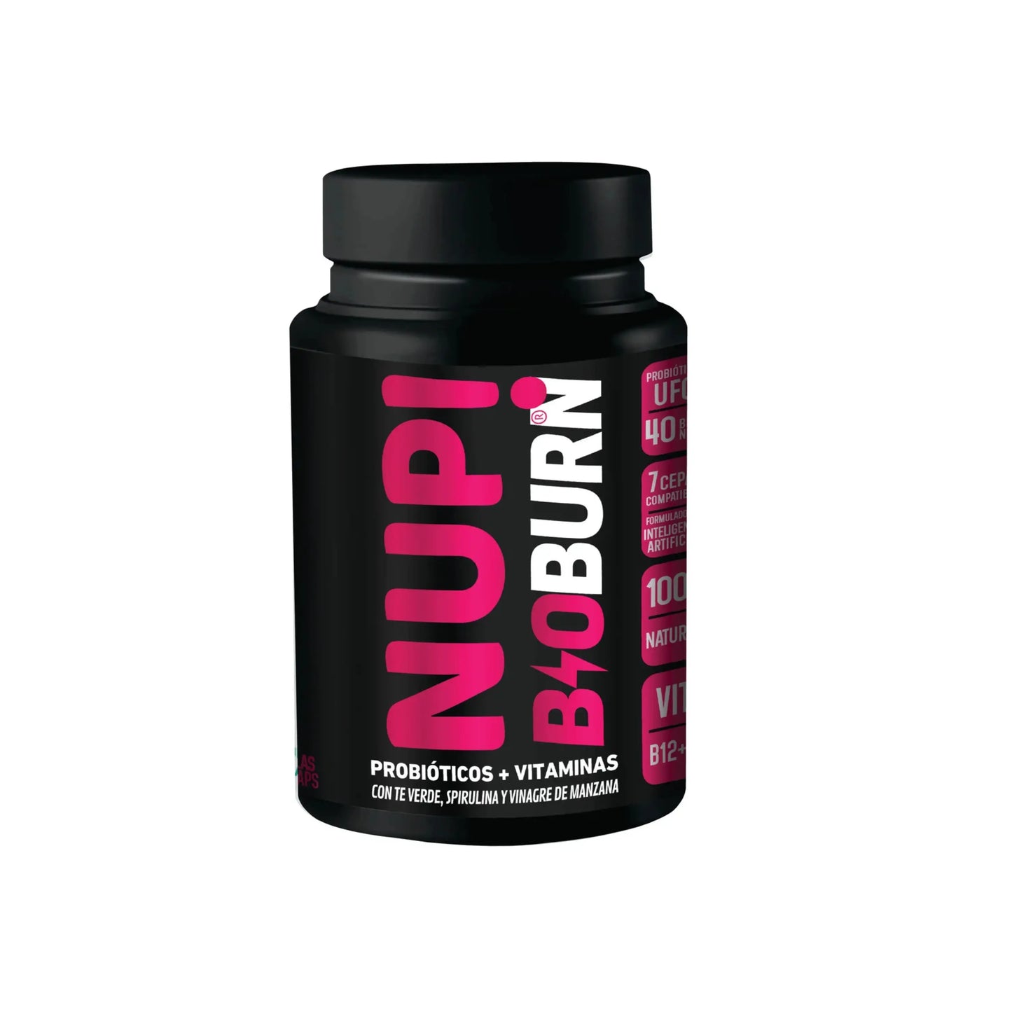Frasco de suplemento NUP! B10 BURN, probióticos + vitaminas. Etiqueta negra con texto fucsia y blanco. Contiene 40 mil millones de UFC, 7 cepas compatibles, té verde, spirulina, vinagre de manzana y vitamina B12+.