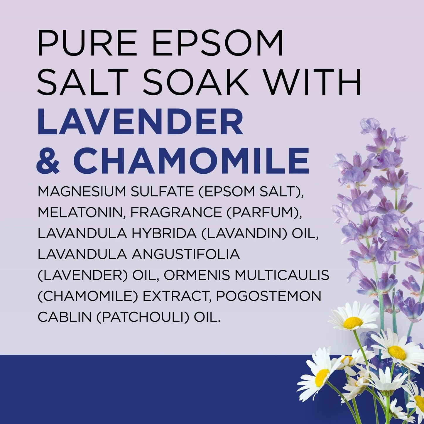 Imagen con información sobre los ingredientes de Dr Teal’s Pure Epsom Salt Sleep Soak – Texto resaltado con la lista de ingredientes principales, incluyendo sales de Epsom, melatonina, lavanda y extracto de manzanilla. Se acompaña de una ilustración de fl