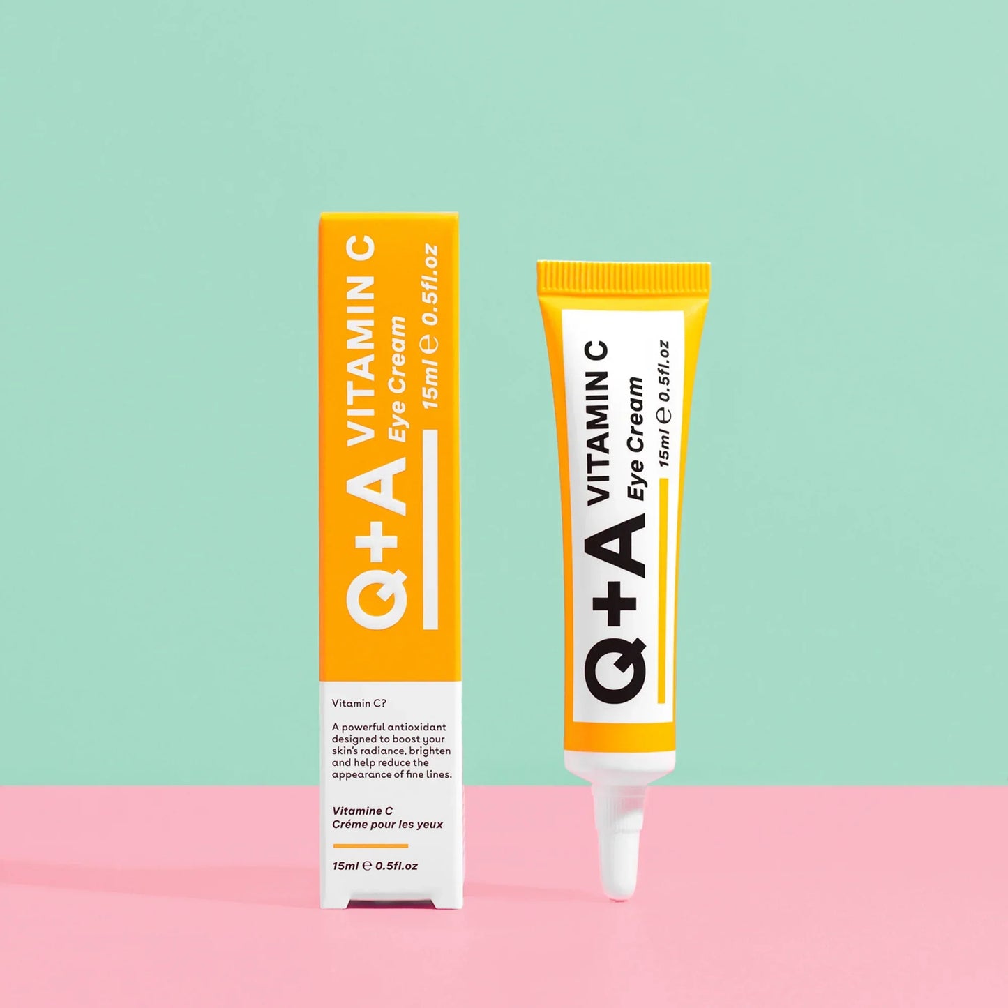 Q+A Vitamin C Eye Cream frontal y lateral, crema contorno de ojos con vitamina C 15ml