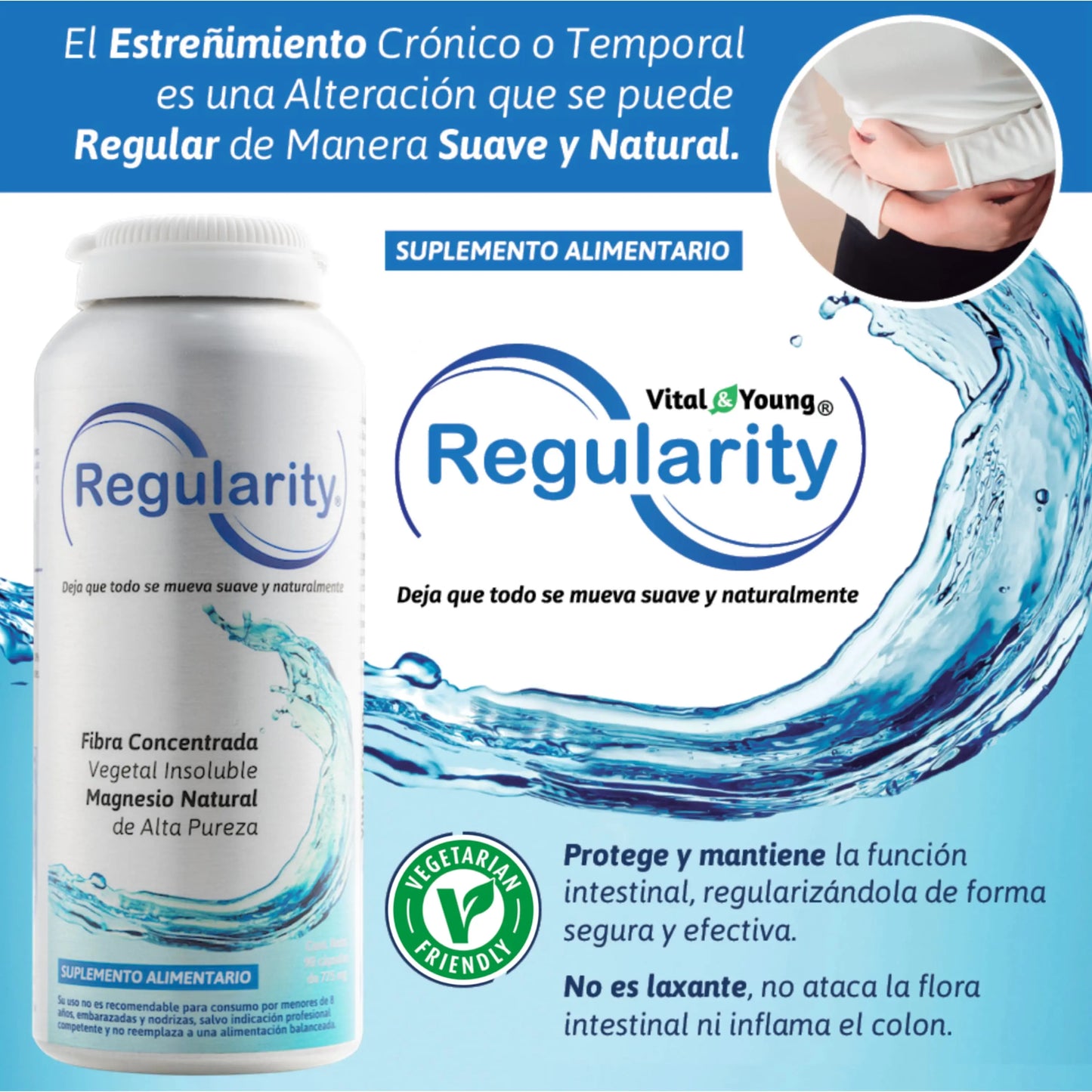 Regularity, suplemento alimentario para regular el tránsito intestinal de forma suave y natural. No ataca la flora intestinal ni genera inflamación. Apto para vegetarianos y libre de gluten.